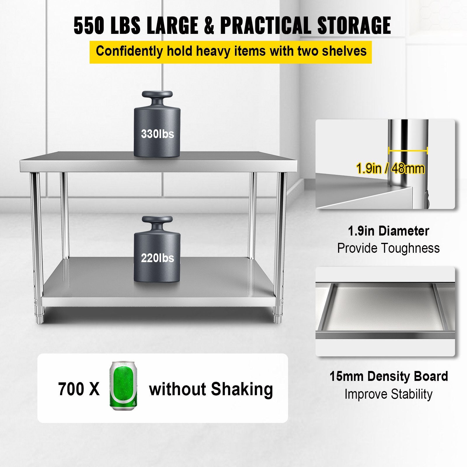 Nerūdijančio plieno paruošimo stalas VEVOR VV-SSWT-WJL-4824, 122 x 61 cm