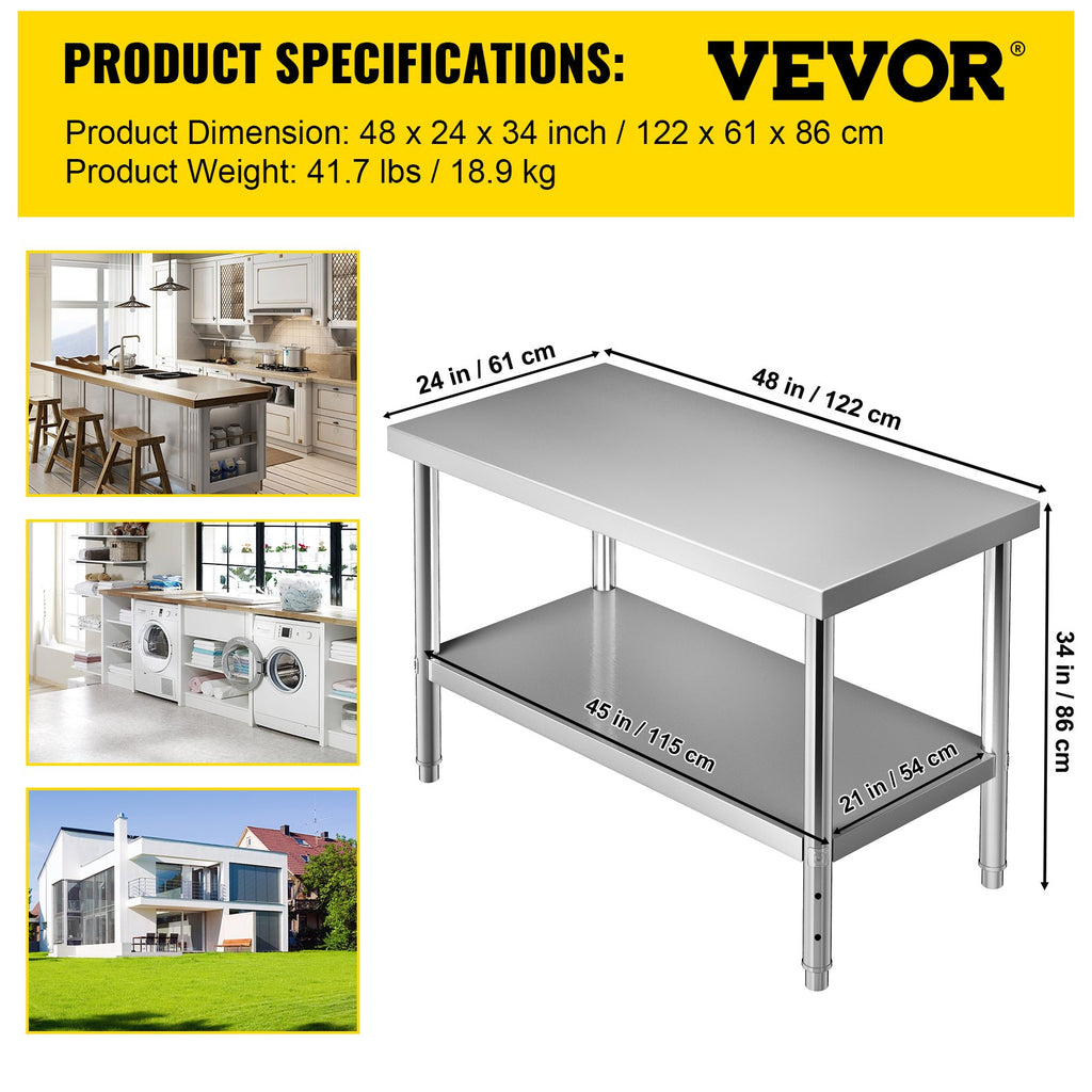 Nerūdijančio plieno paruošimo stalas VEVOR VV-SSWT-WJL-4824, 122 x 61 cm