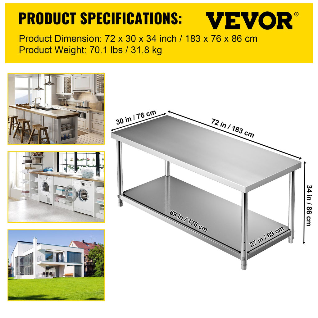 Nerūdijančio plieno paruošimo stalas VEVOR VV-SSWT-WJL-7230, 183 x 76 cm