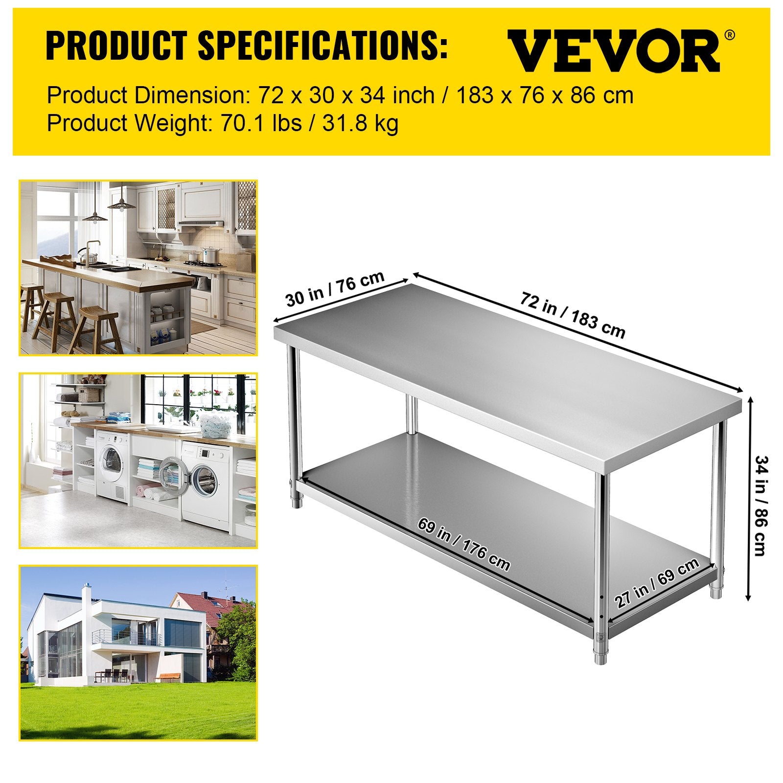 Nerūdijančio plieno paruošimo stalas VEVOR VV-SSWT-WJL-7230, 183 x 76 cm