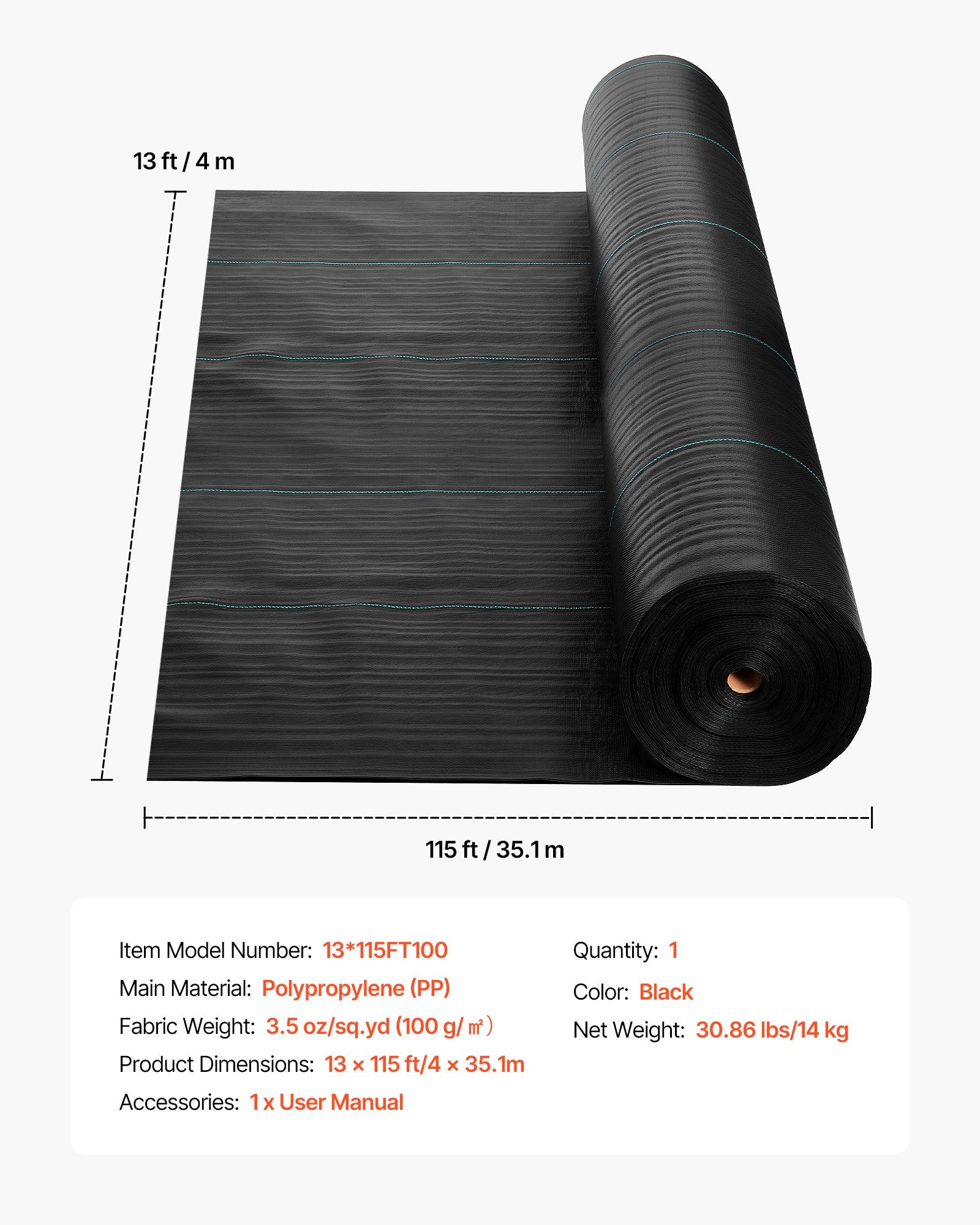 Audinys nuo piktžolių VEVOR 13*115FT100, 4x35,1 m