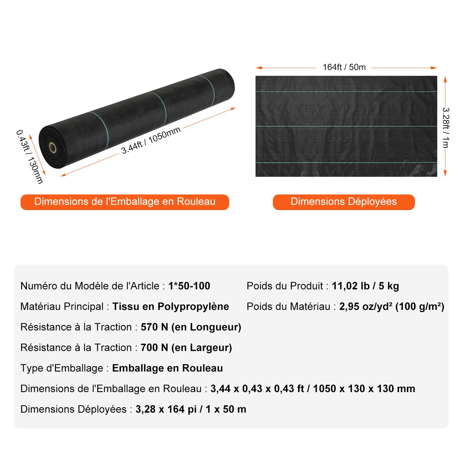 Geotekstilė nuo piktžolių VEVOR 1*50-100, 1 x 50 m