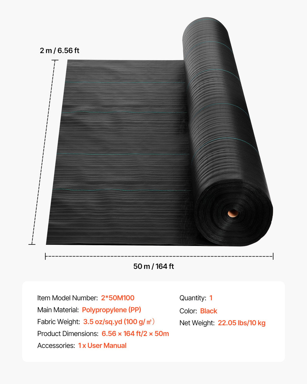 Agrotekstilė nuo piktžolių VEVOR 2*50M100, 2 x 50 m, 100 g/m²