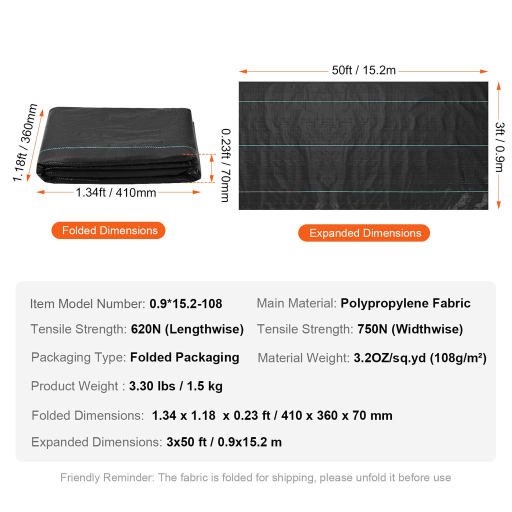 Geotekstilė (piktžolių barjeras) VEVOR 0.9x15.2 m, 108 g/m²