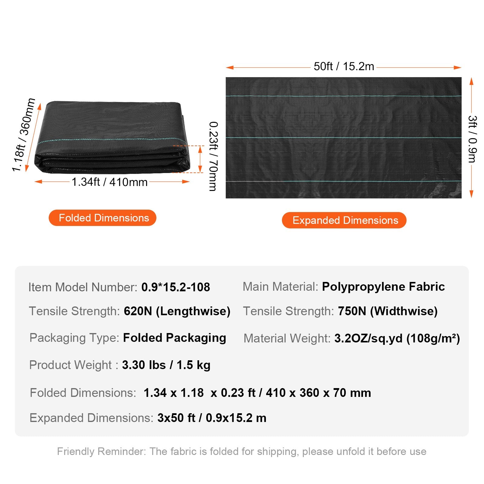 Geotekstilė (piktžolių barjeras) VEVOR 0.9x15.2 m, 108 g/m²