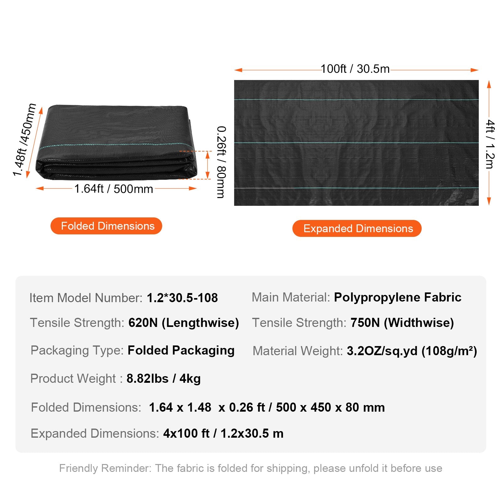 Geotekstilė nuo piktžolių VEVOR 1.2*30.5-108, 1,2 x 30,5 m