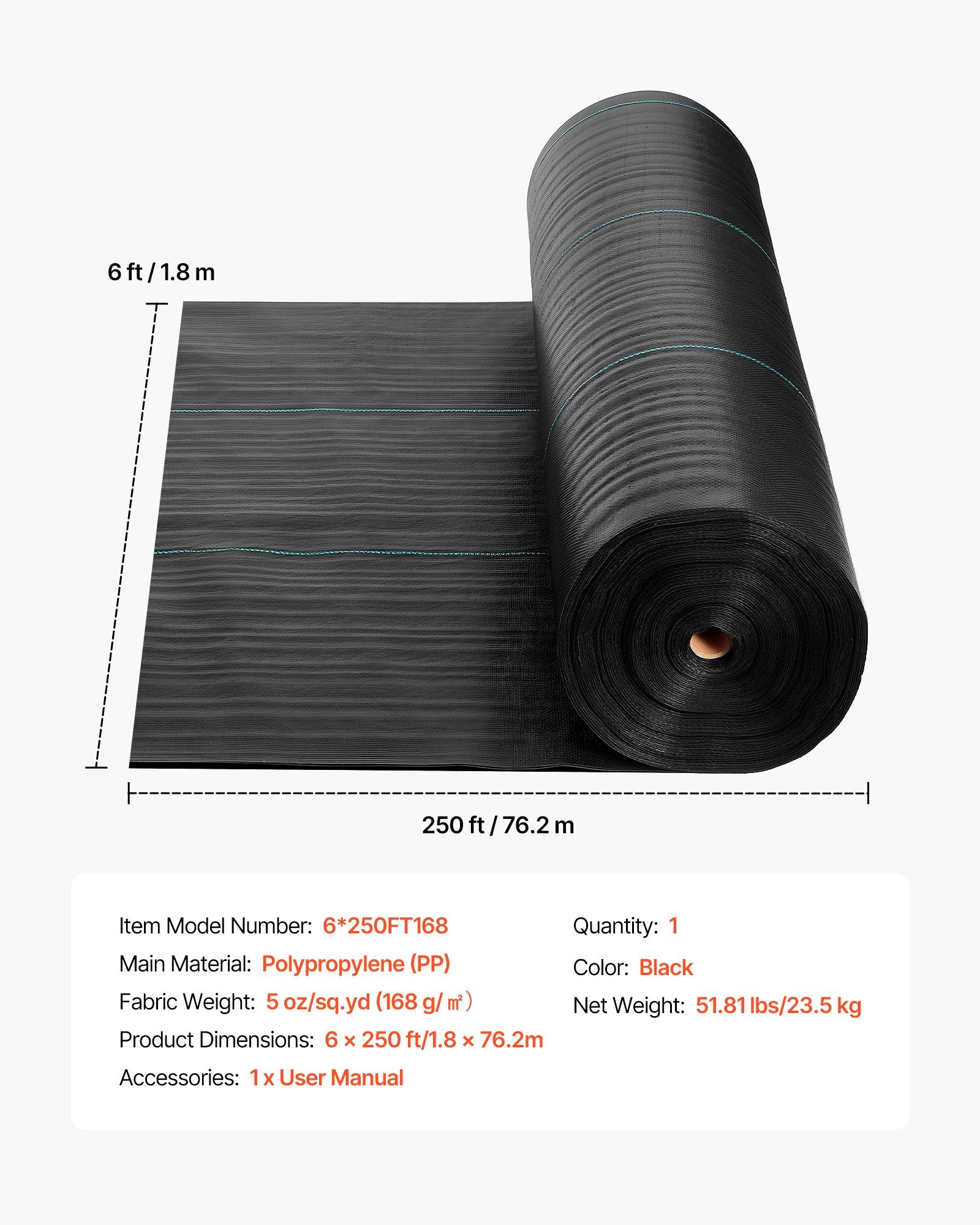 Audinys nuo piktžolių VEVOR 6*250FT168, 1.8x76.2 m, 168 g/m²