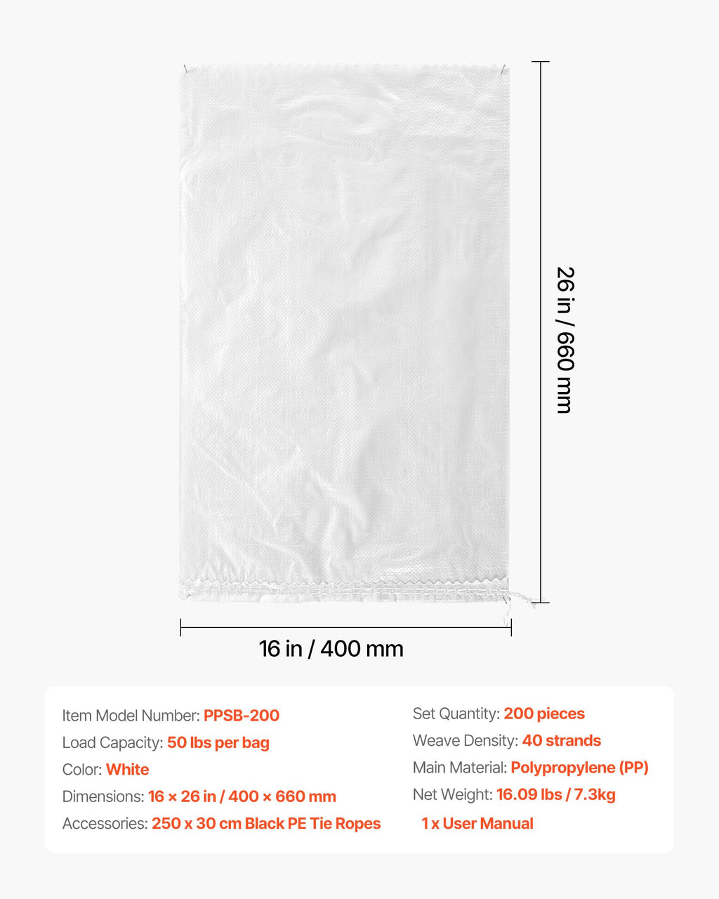 Tušti smėlio maišai VEVOR PPSB-200, 200 vnt., 40 x 66 cm
