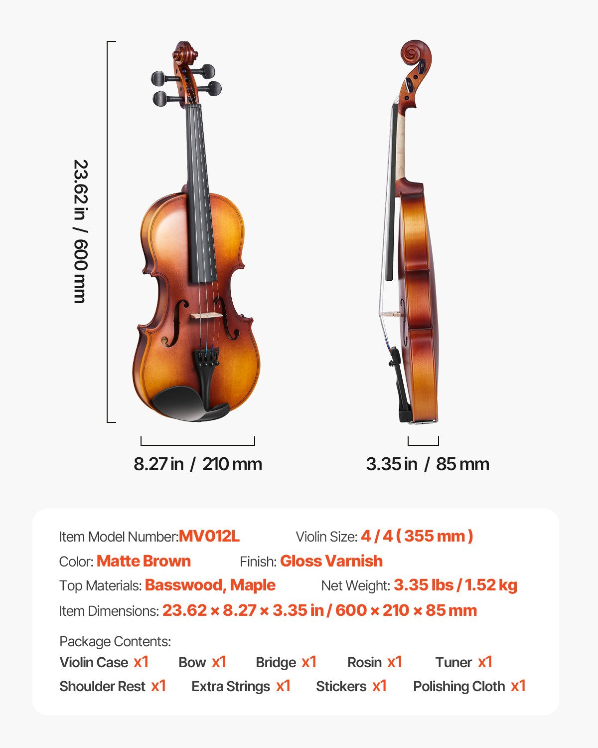 Smuikas VEVOR MV012L, 4/4 dydis