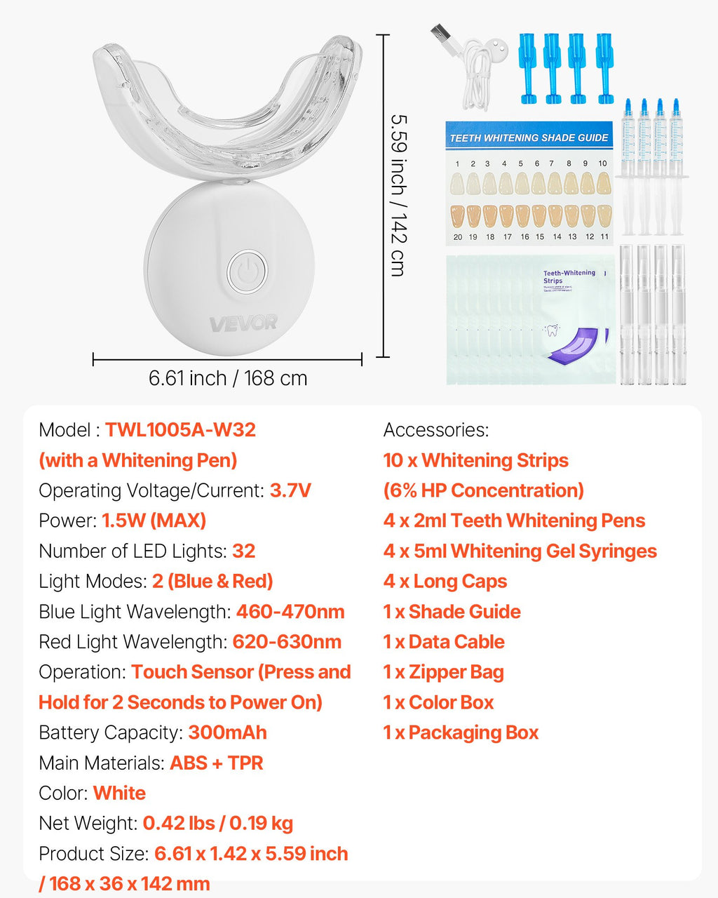 Dantų balinimo rinkinys VEVOR TWL1005A-W32, 32 LED lemputės