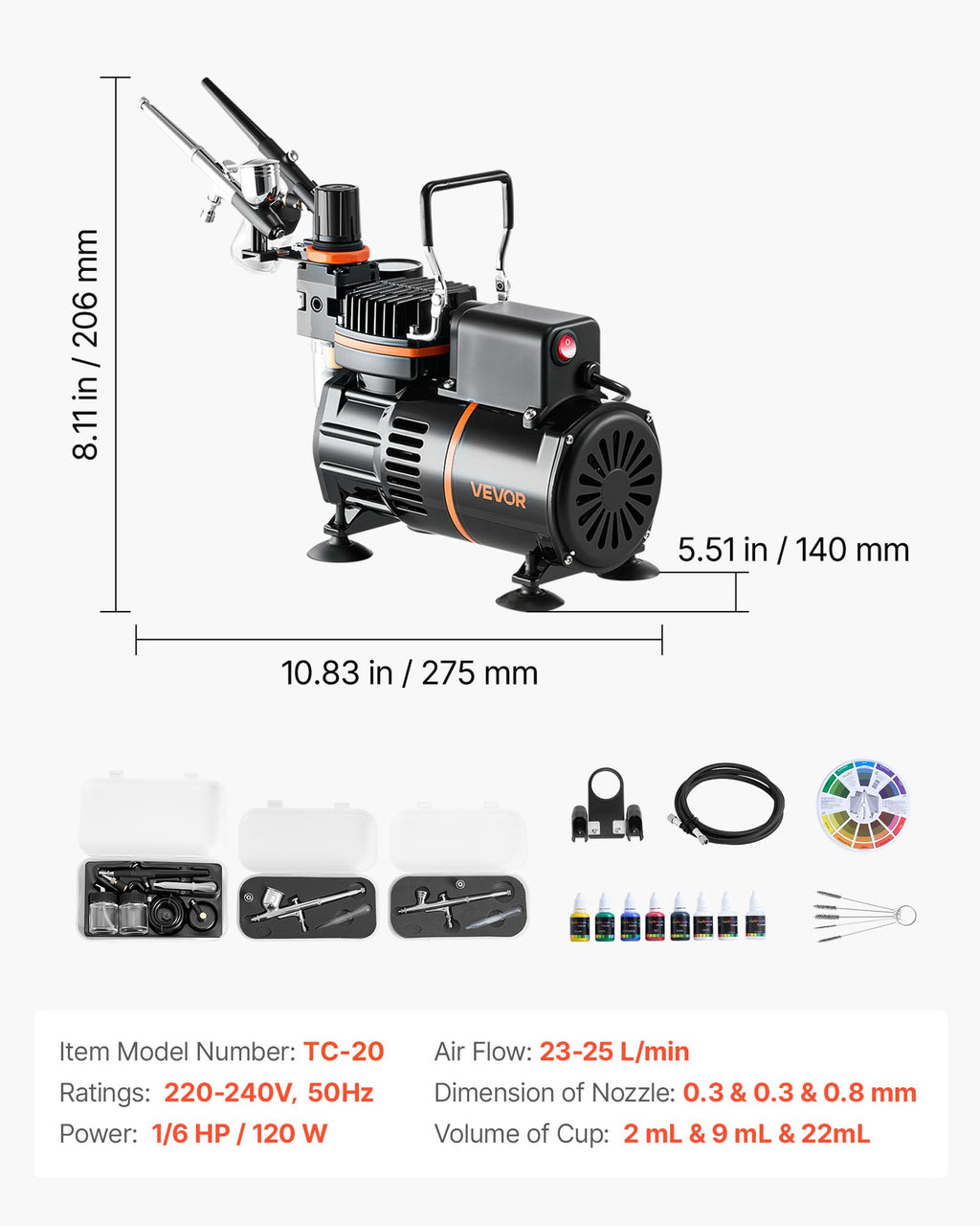 Aerografo rinkinys VEVOR TC-20, 1/6 HP