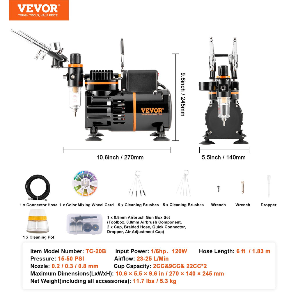 Aerografo rinkinys VEVOR TC-20B, 3 purkštuvai ir kompresorius