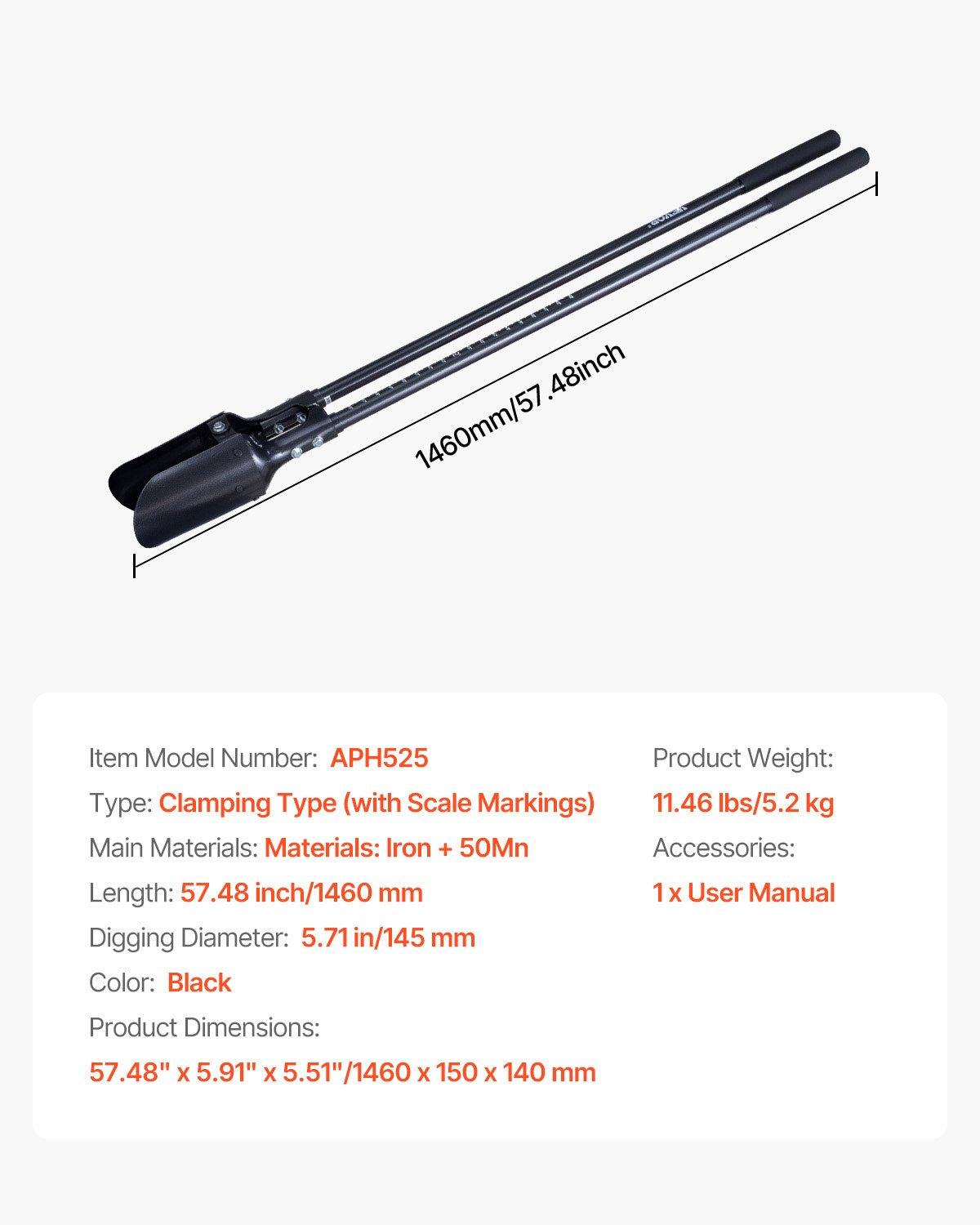 Rankinis žemės grąžtas VEVOR APH525, 146 cm ilgio