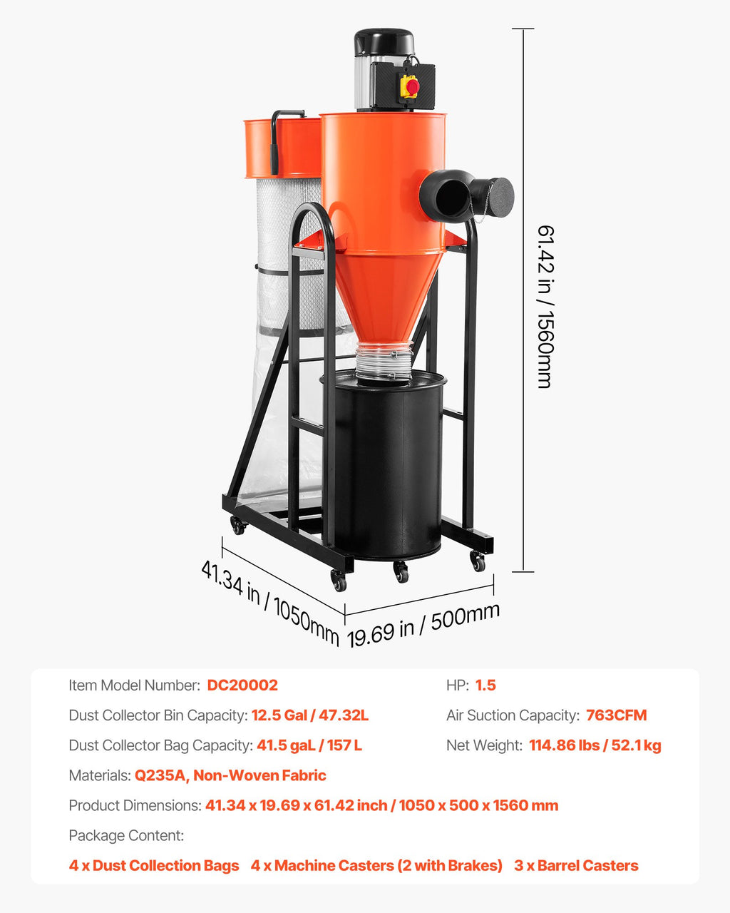 Cikloninis dulkių surinkėjas VEVOR DC20002, 763 CFM