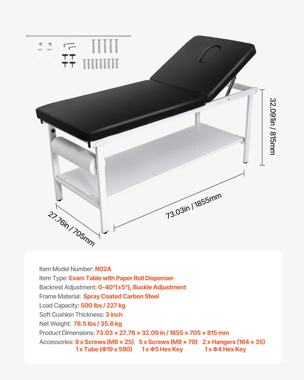 Medicininė apžiūros lova VEVOR N02A, 227 kg apkrova