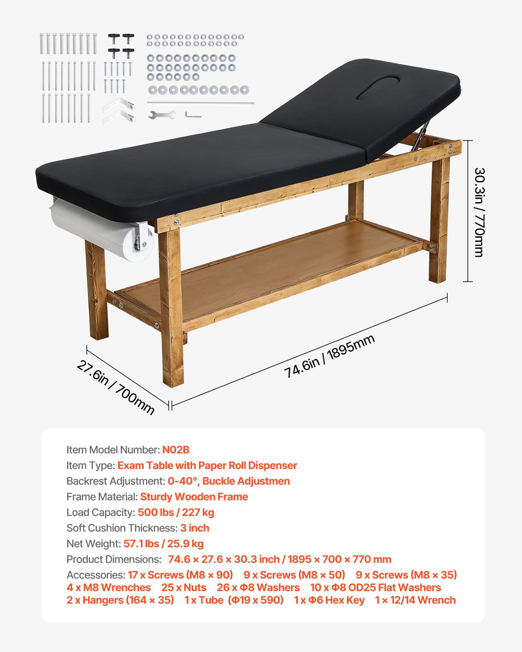 Medicininė apžiūros lova VEVOR N02B, 227 kg keliamoji galia