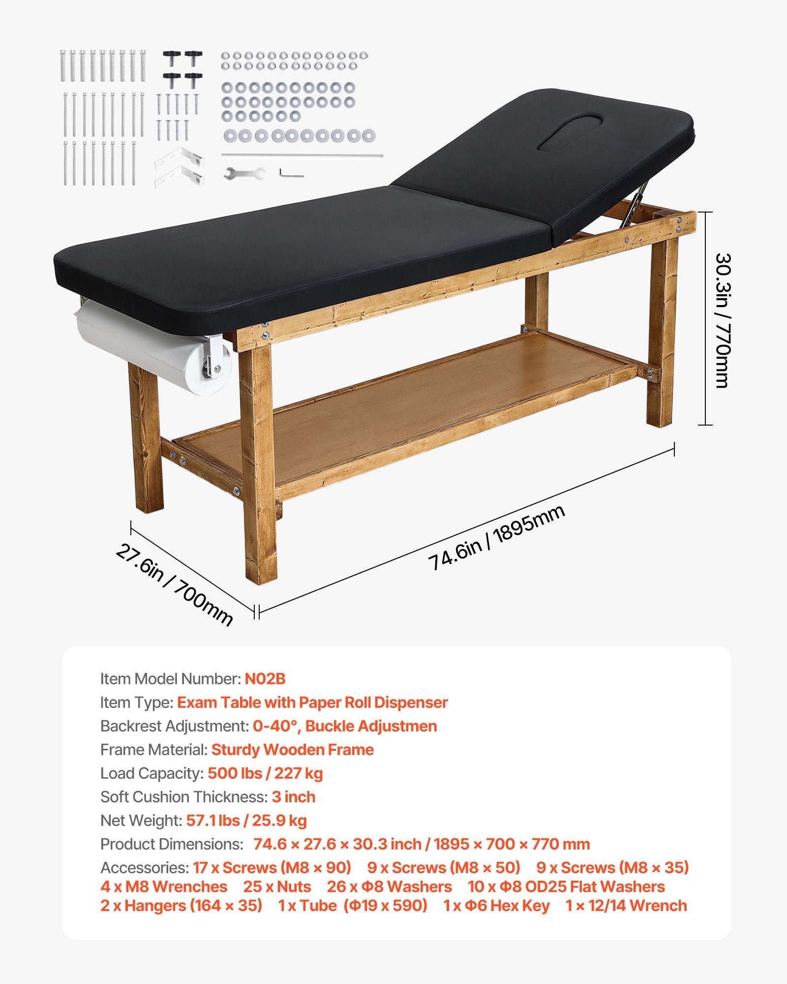 Medicininė apžiūros lova VEVOR N02B, 227 kg keliamoji galia