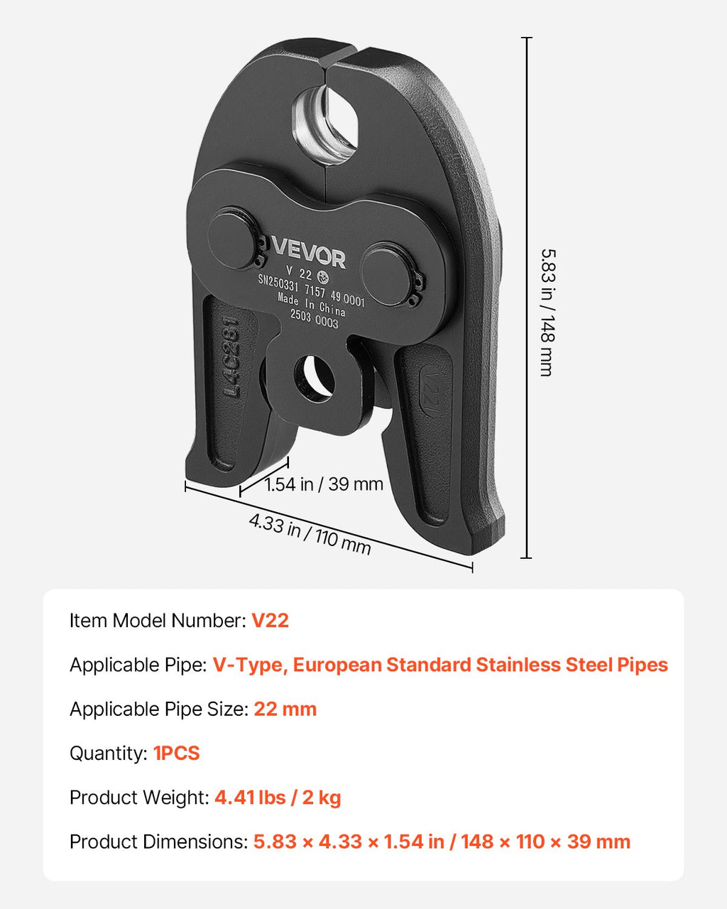 Presavimo replių žiaunos VEVOR V22, 22 mm