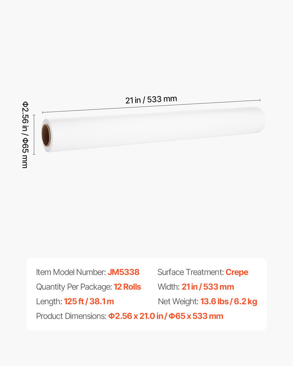 Medicininis kušetės popierius VEVOR JM5338, 53 cm x 38 m, 12 vnt.