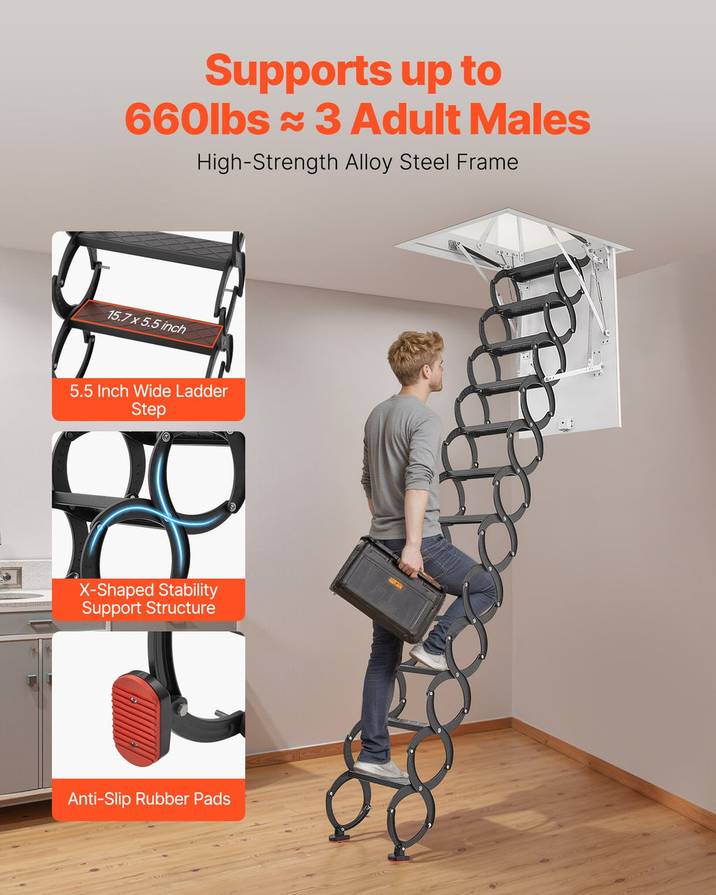 Palėpės kopėčios VEVOR E2-12, 299,4 kg keliamoji galia