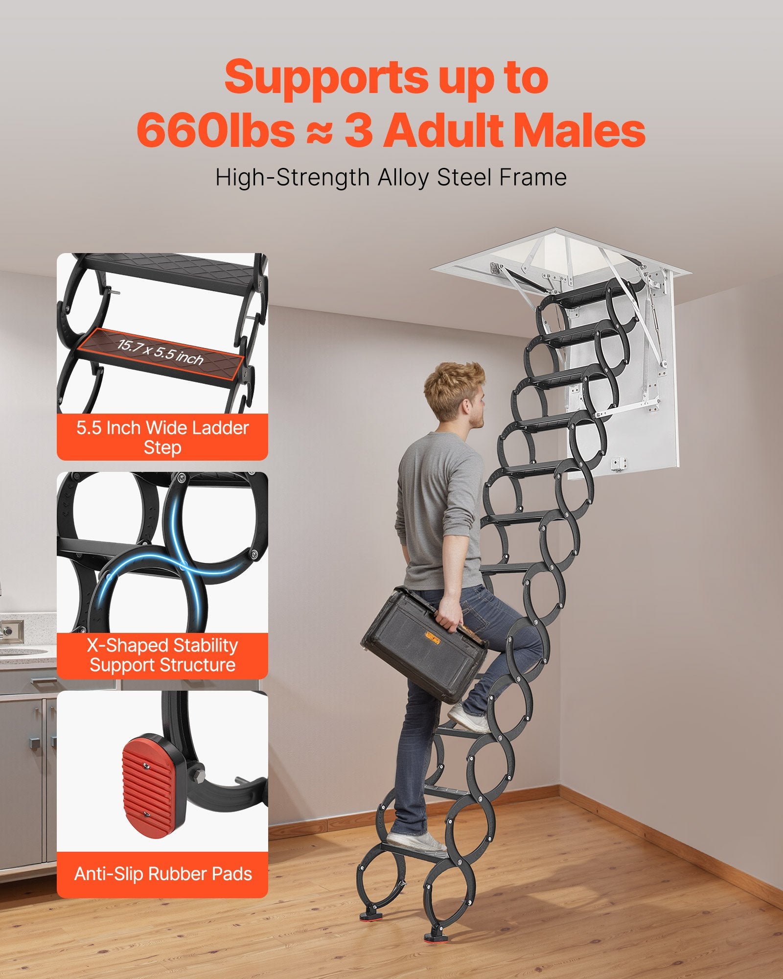 Palėpės kopėčios VEVOR E2-12, 299,4 kg keliamoji galia