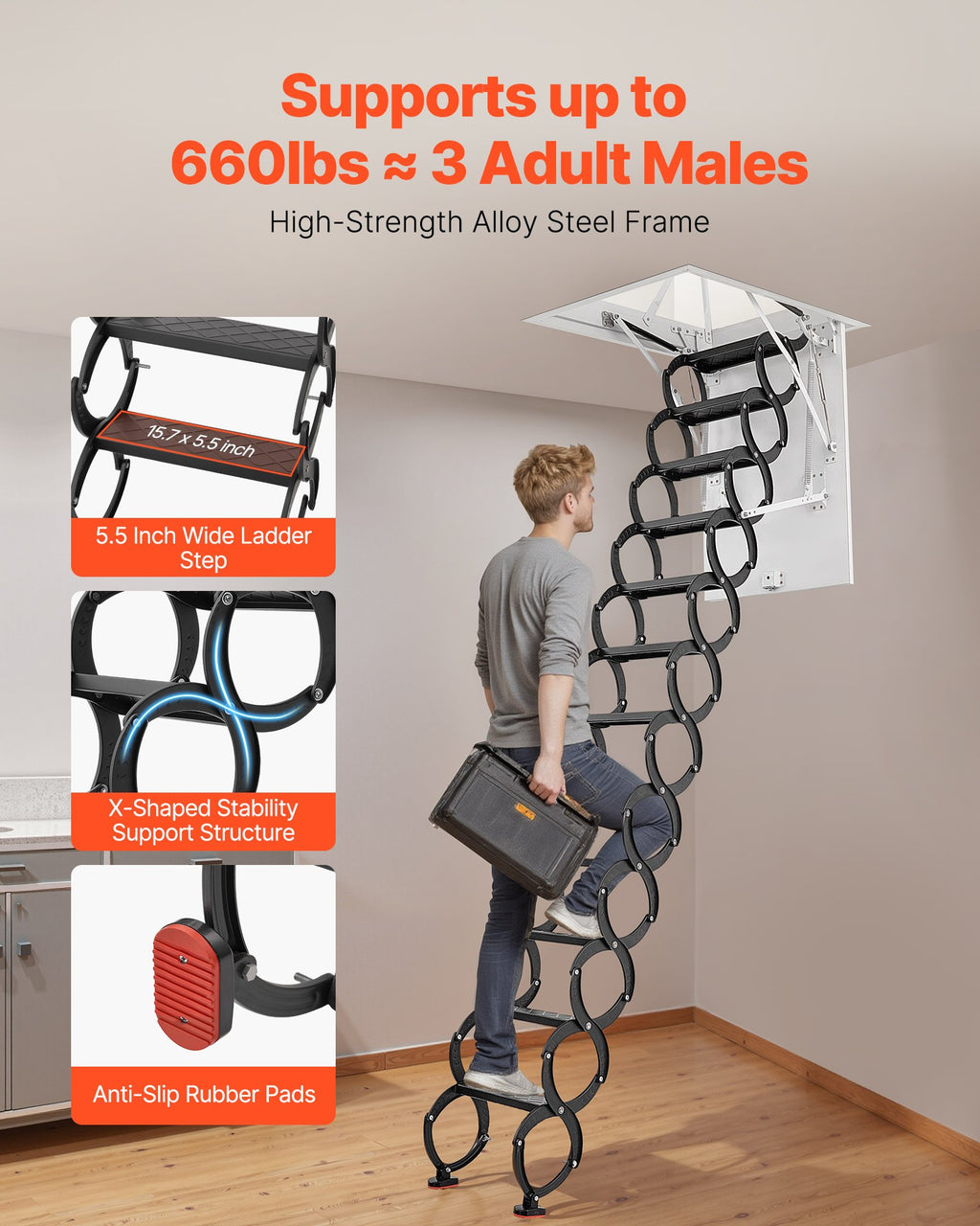 Palėpės kopėčios VEVOR E2-13, 299,4 kg keliamoji galia