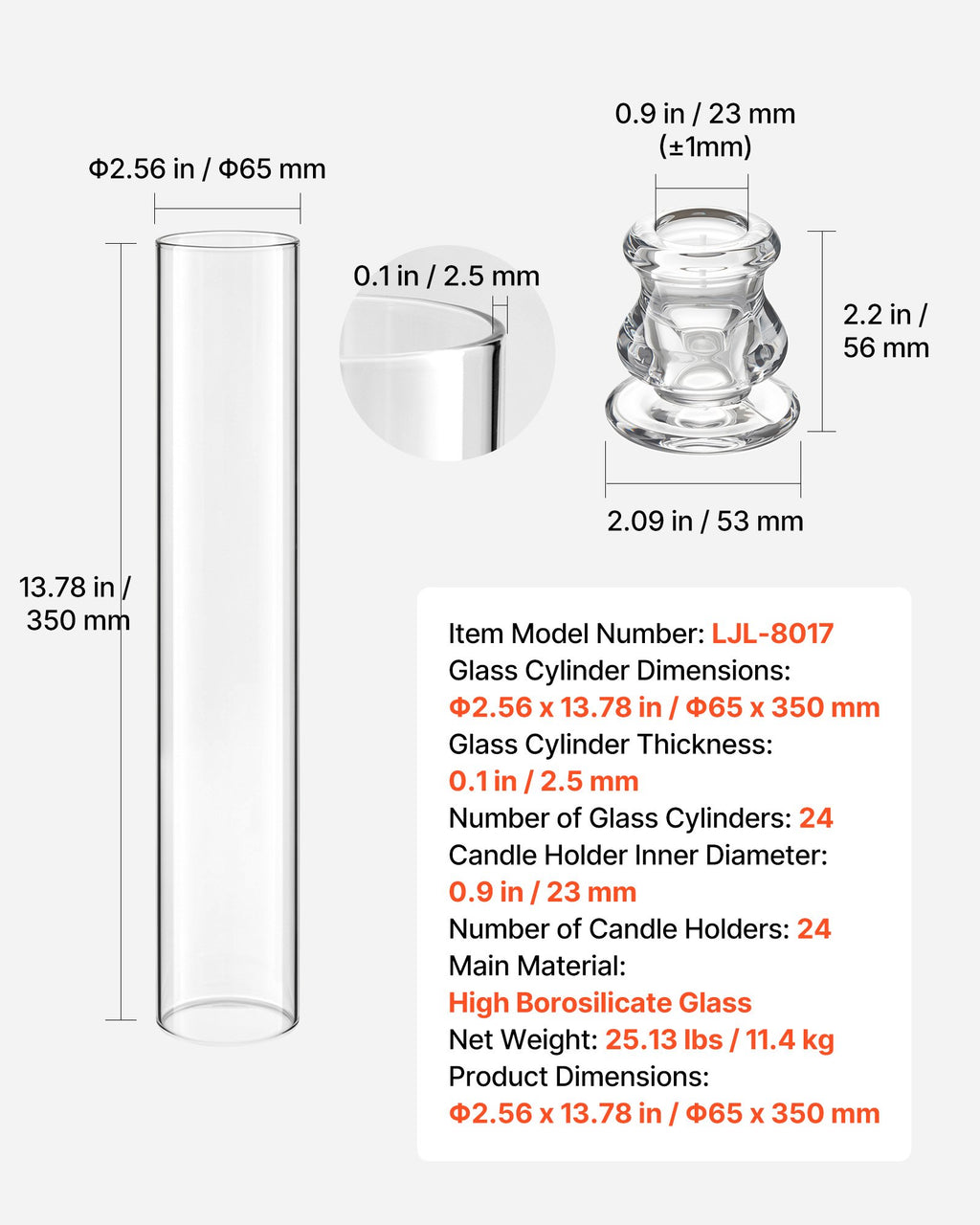 Cilindrinių žvakidžių rinkinys VEVOR LJL-8017, 24 vnt., 65x350 mm