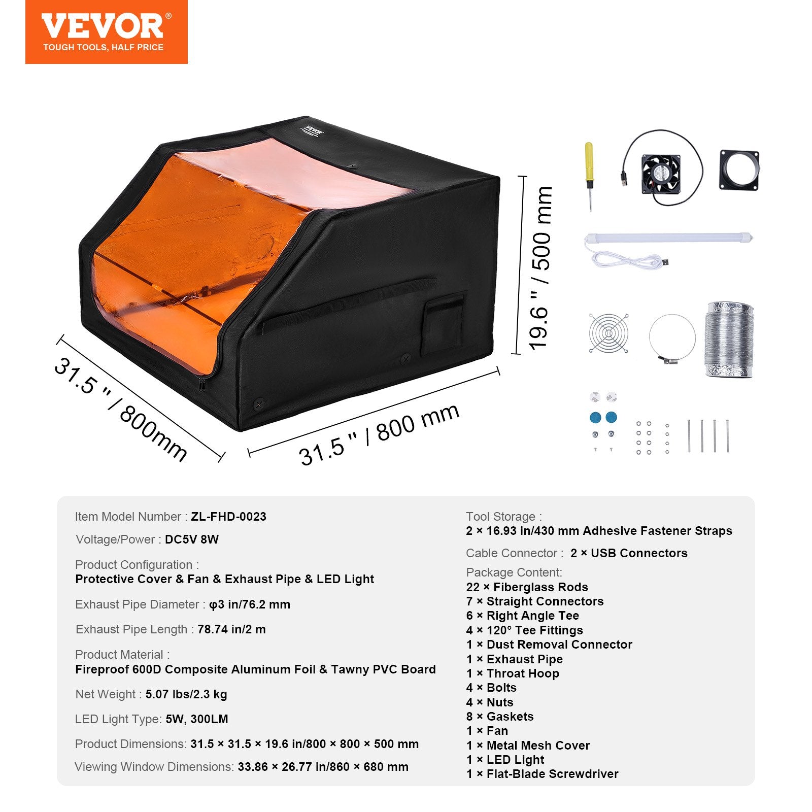 Lazerinio graviravimo staklių gaubtas VEVOR ZL-FHD-0023, 800 x 800 x 500 mm