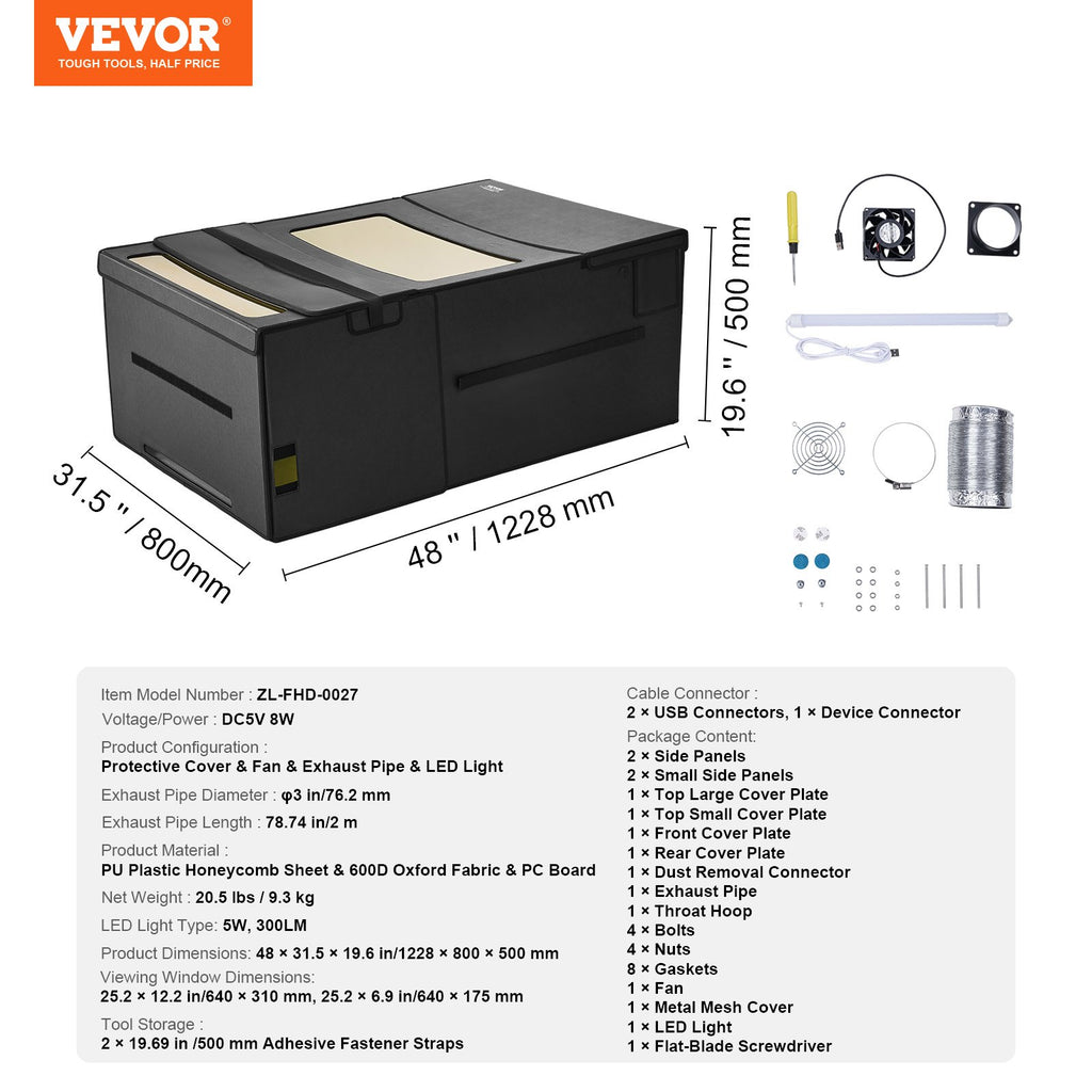 Lazerinio graviravimo staklių gaubtas VEVOR ZL-FHD-0027, 1219 x 800 x 500 mm