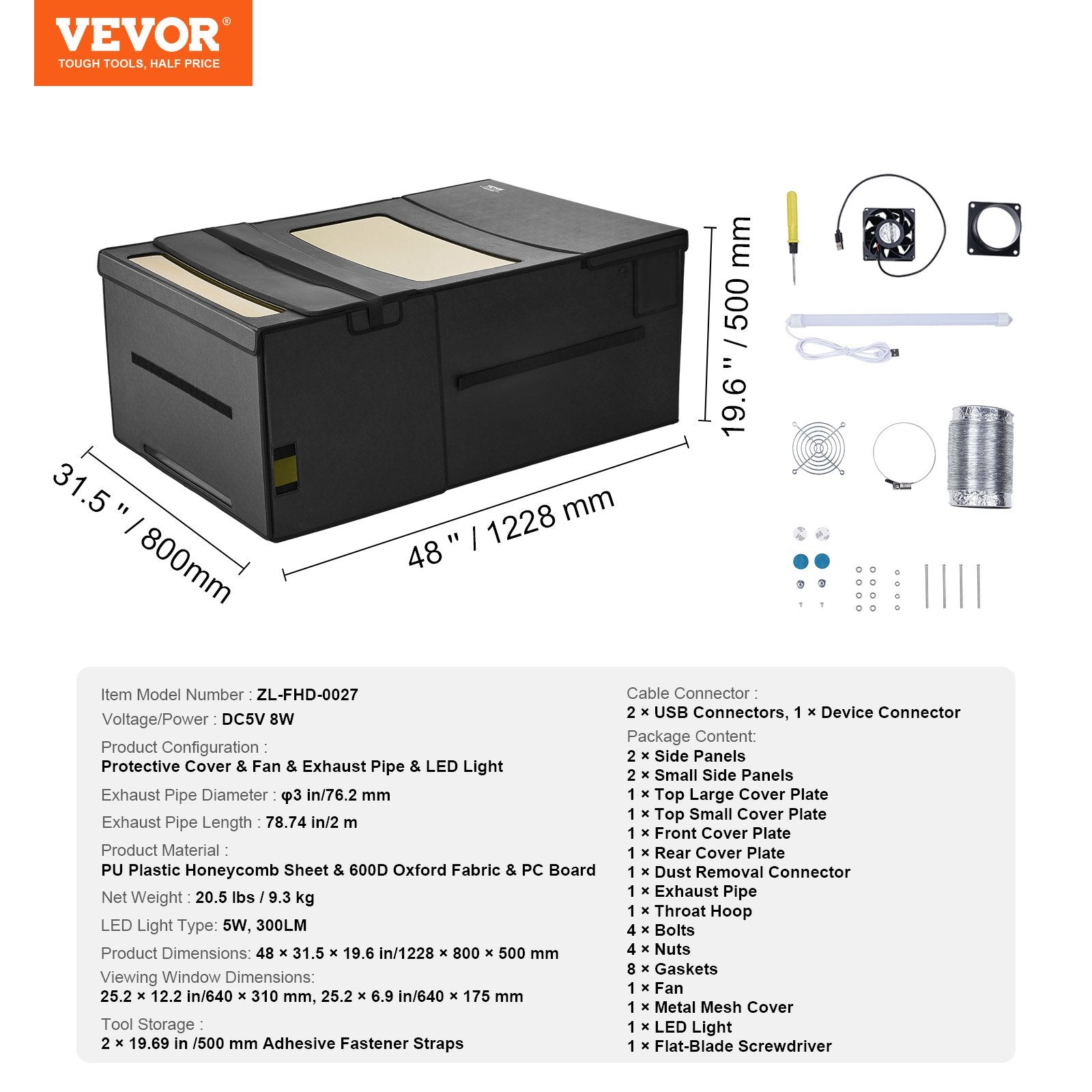 Lazerinio graviravimo staklių gaubtas VEVOR ZL-FHD-0027, 1219 x 800 x 500 mm