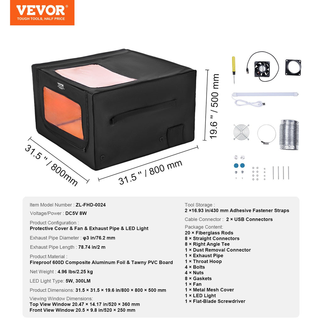 Lazerinio graviravimo staklių gaubtas VEVOR ZL-FHD-0024, 800 x 800 x 500 mm