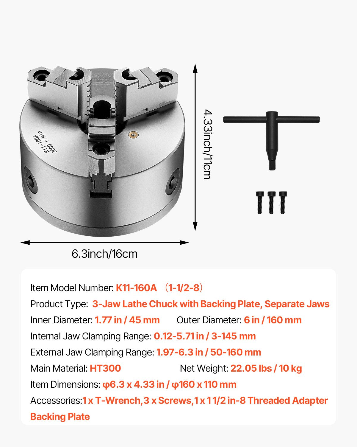 Trijų kumštelių tekinimo griebtuvas VEVOR K11 160A, 160 mm