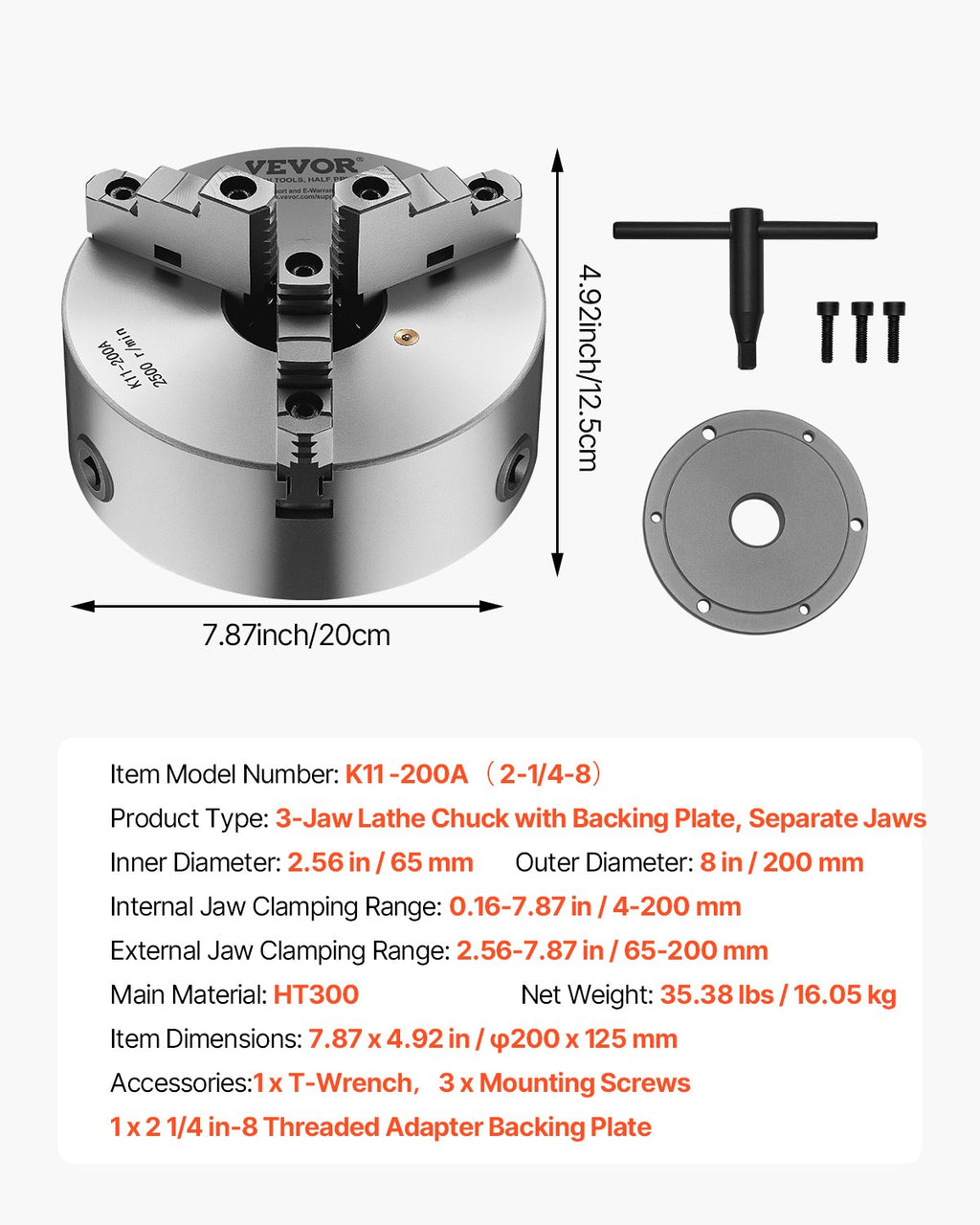 Trijų kumštelių tekinimo griebtuvas VEVOR K11 200A, 200 mm