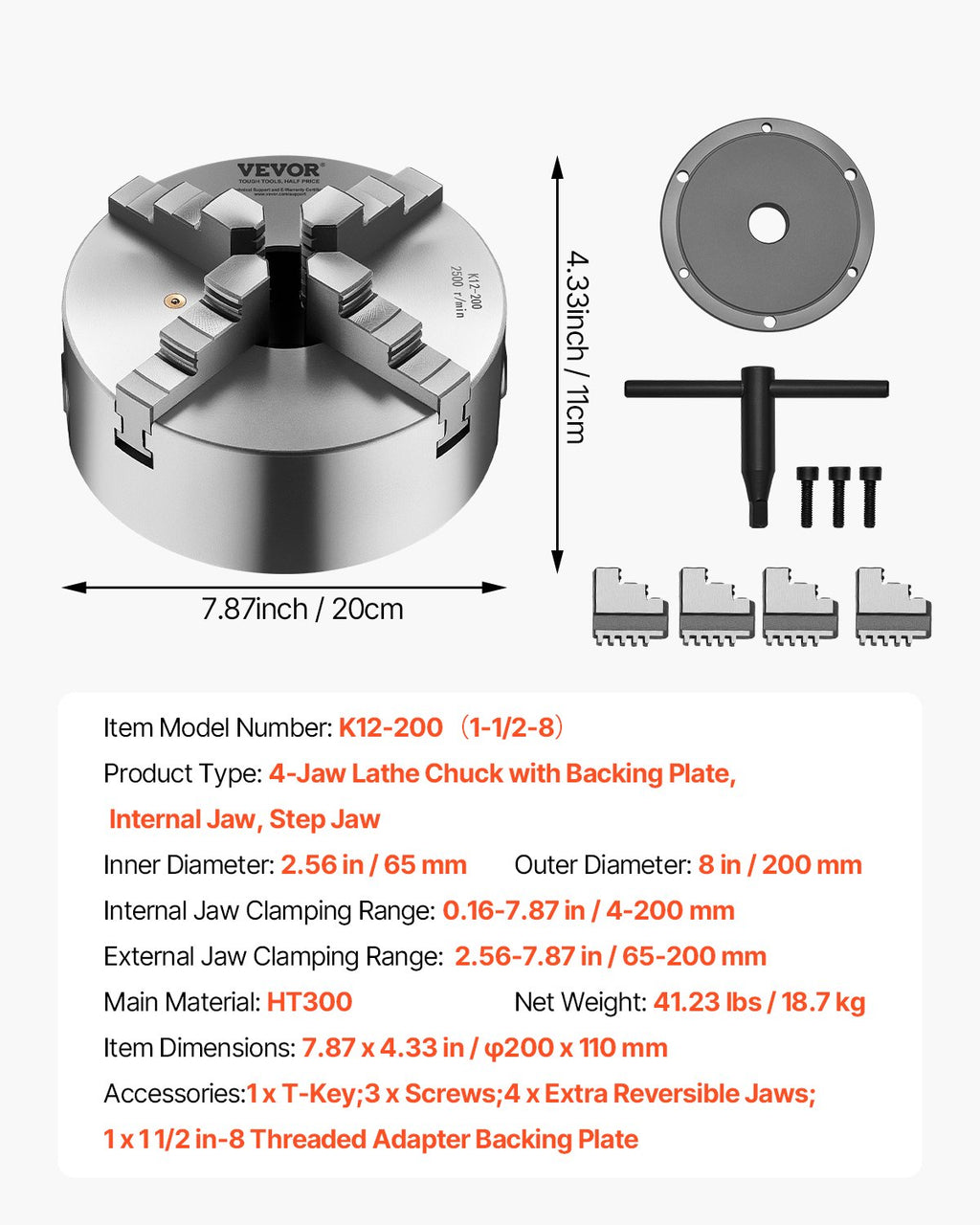 Tekinimo griebtuvas VEVOR K12 200, 200 mm