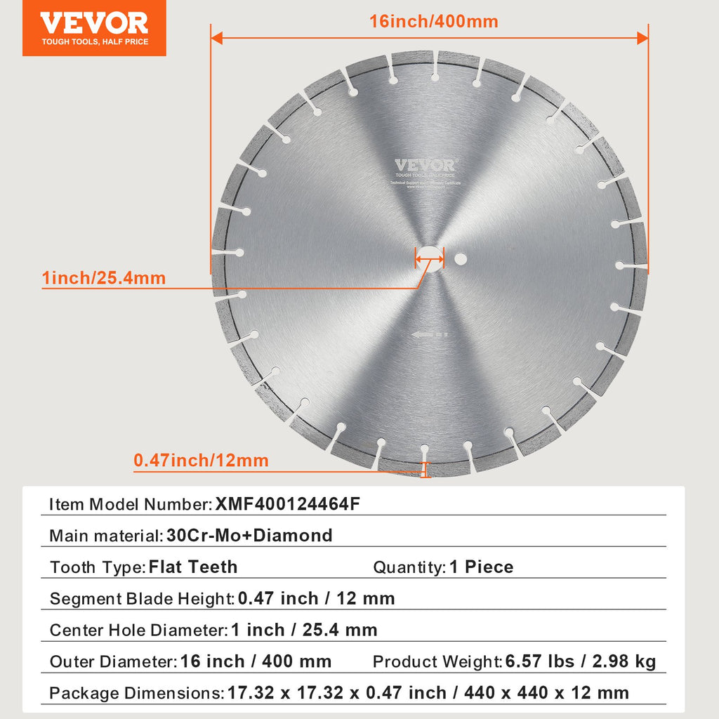 Deimantinis pjovimo diskas VEVOR XMF400124464F, 400 mm