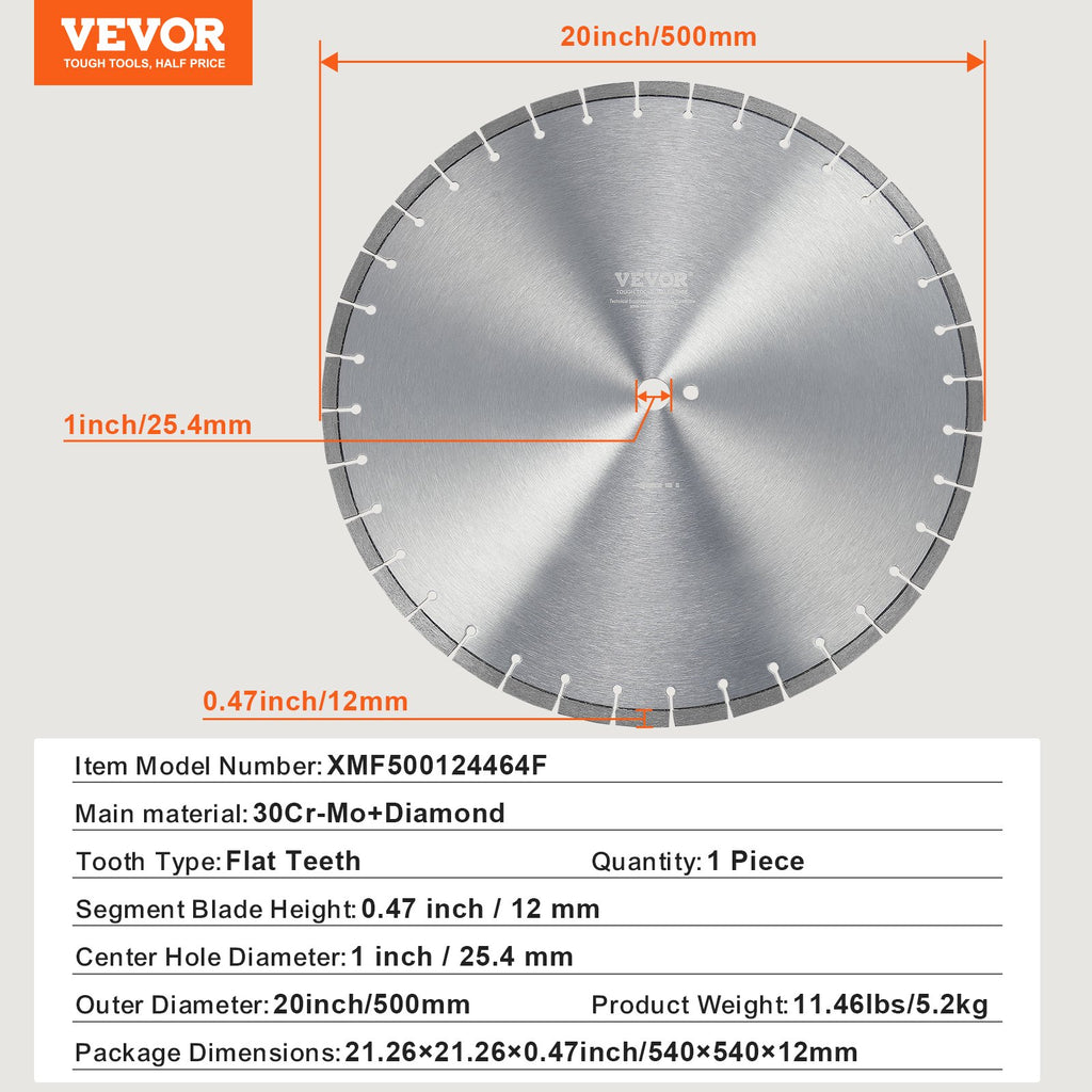 Deimantinis pjovimo diskas VEVOR XMF500124464F, 500 mm