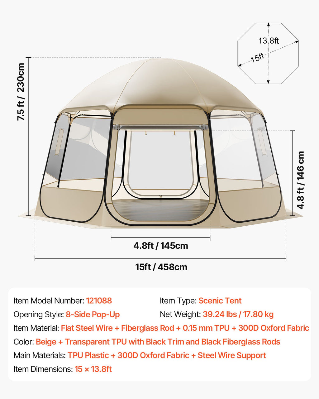 Burbulinė palapinė VEVOR 121088, 4,58 x 4,32 m
