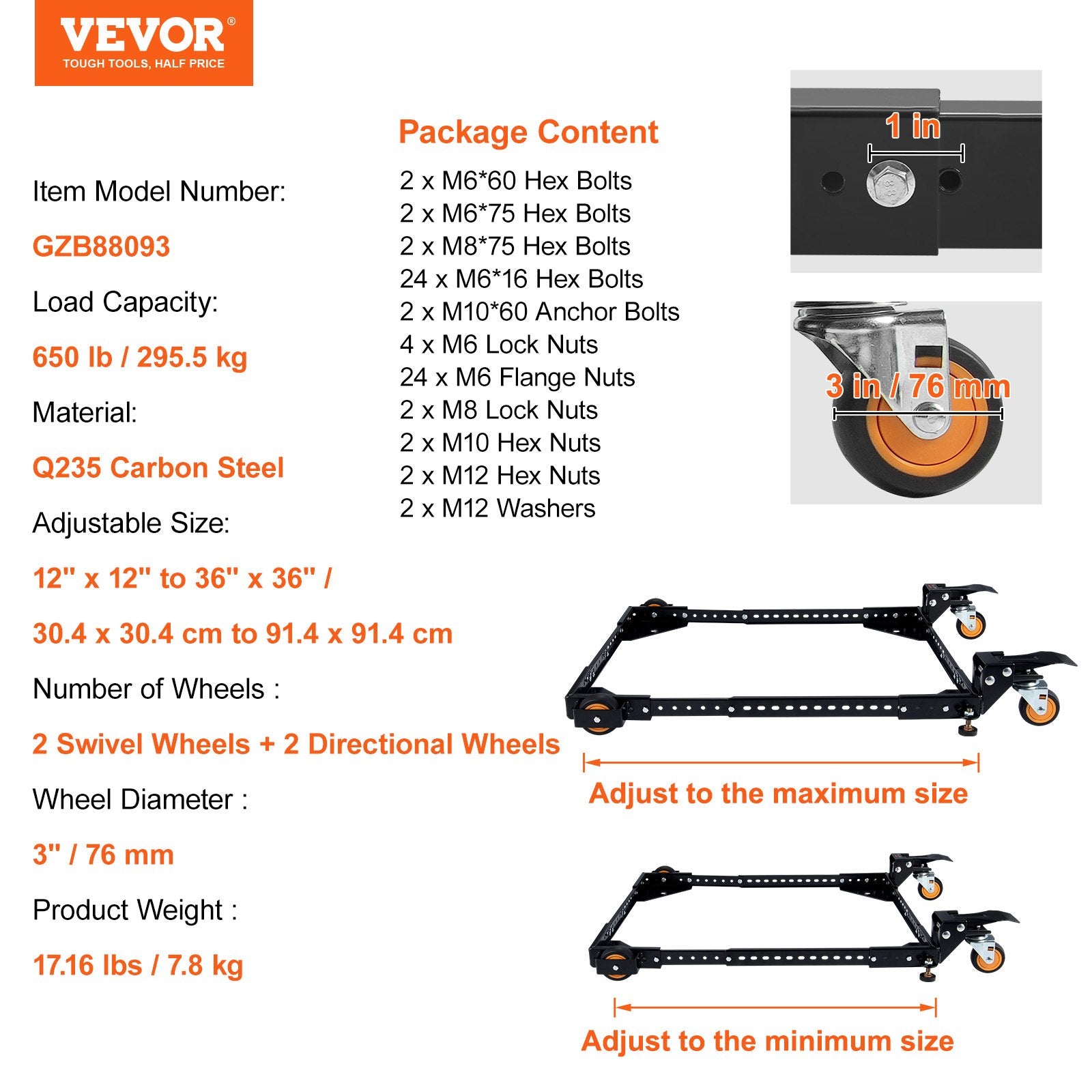 Universalus mobilus pagrindas VEVOR GZB88093, 295 kg keliamoji galia