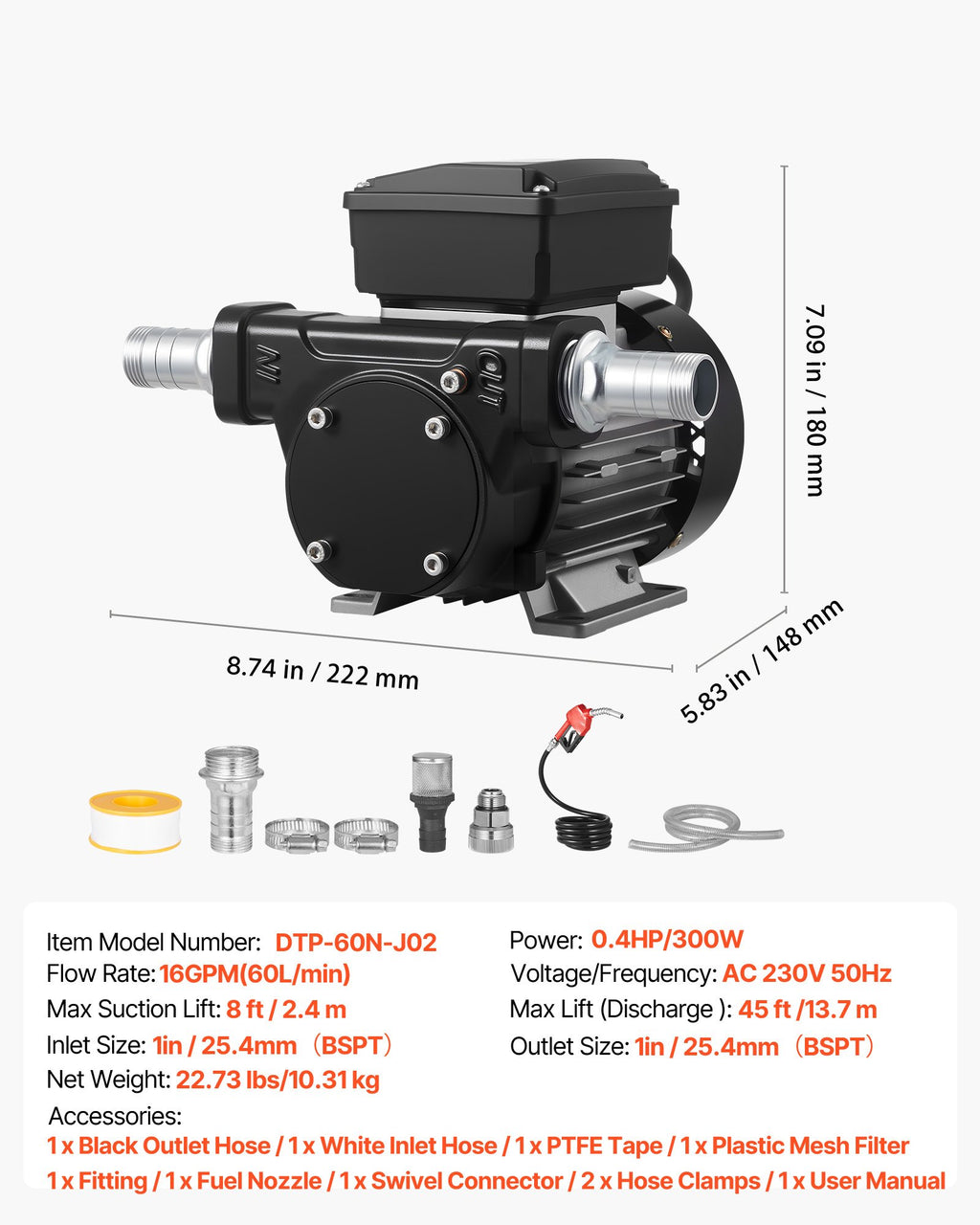 Kuro perpylimo siurblys VEVOR DTP-60N-J01, 60 l/min