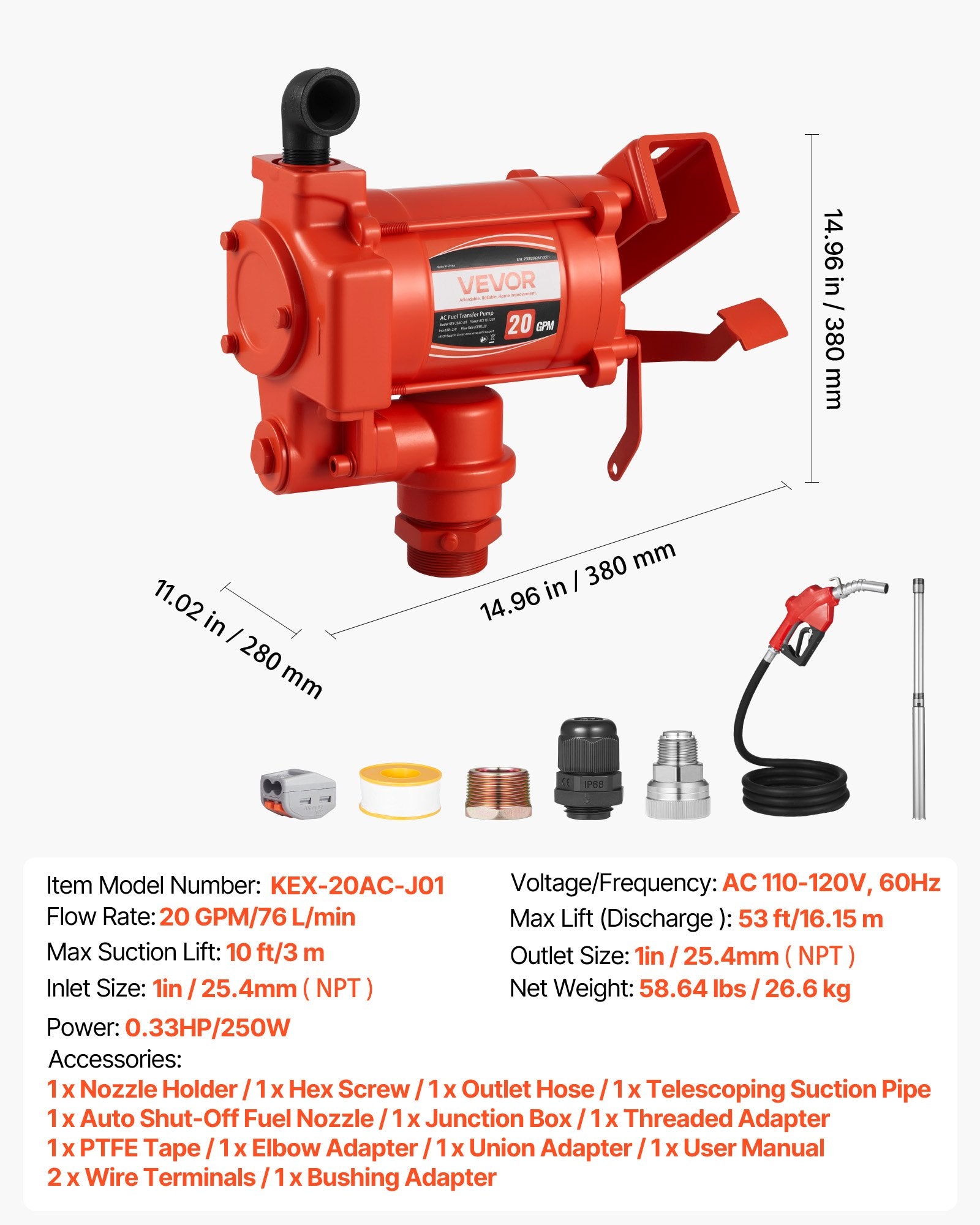 Kuro perpylimo siurblys VEVOR KEX-20AC-J01, 76 l/min
