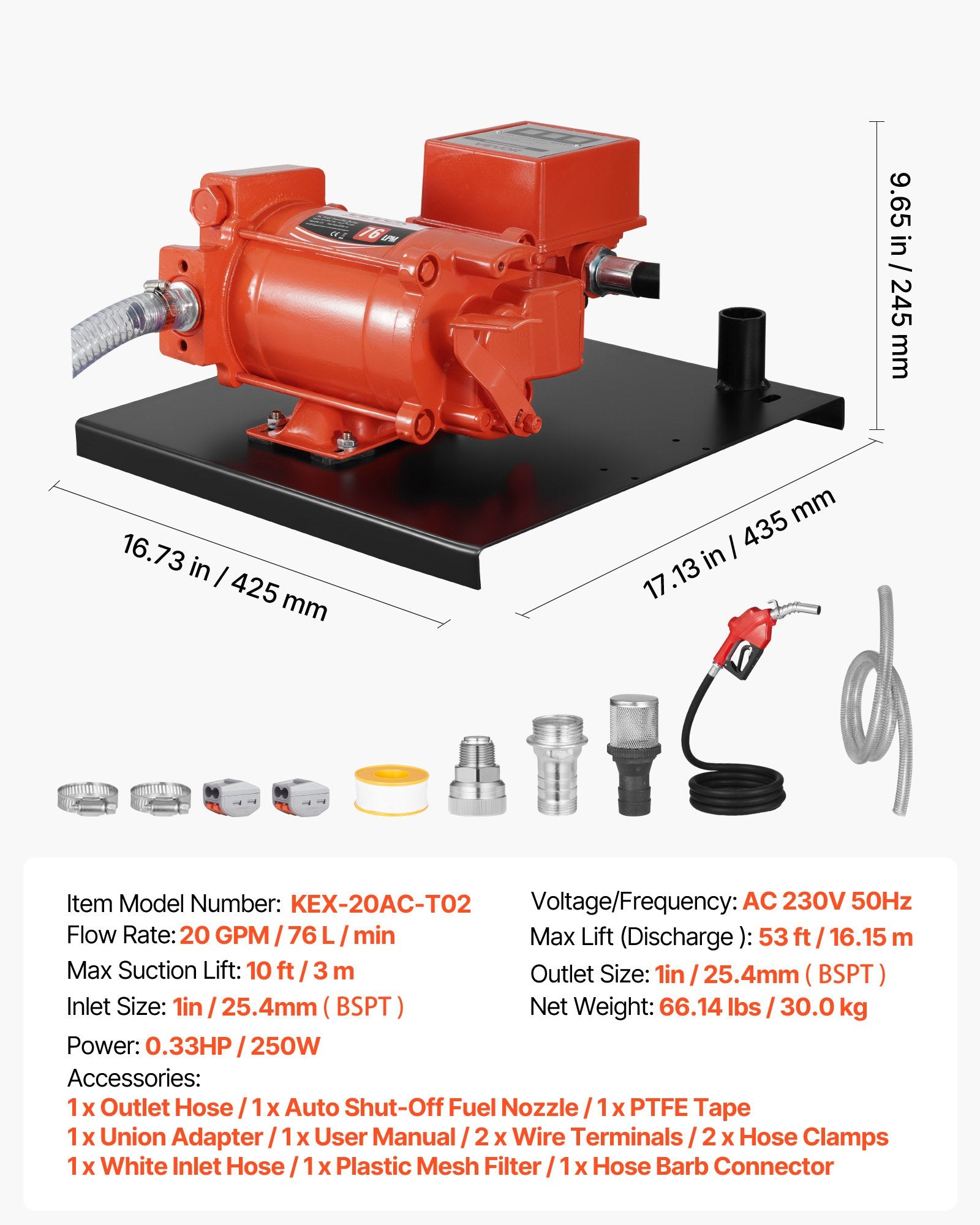 Kuro perpylimo siurblys VEVOR KEX-20AC-T01, 76 l/min