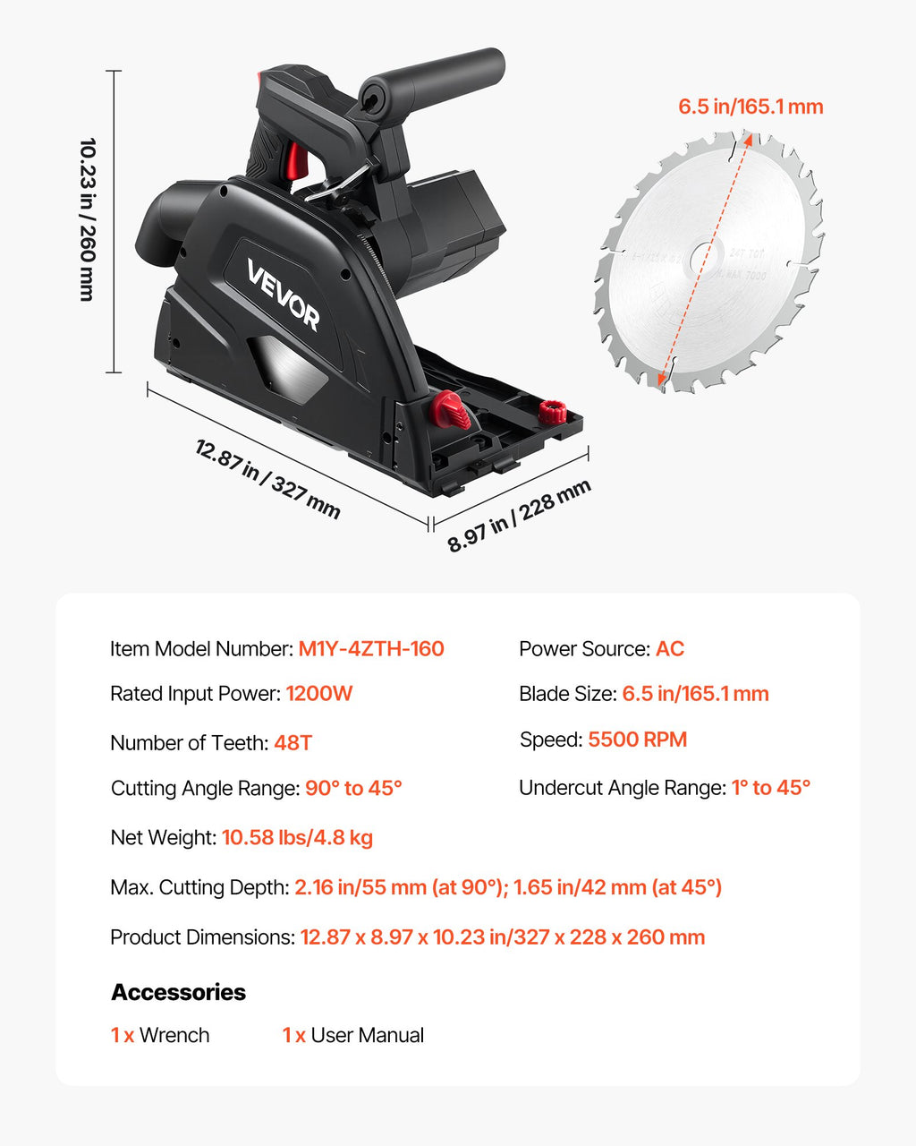 Įleidžiamas diskinis pjūklas VEVOR M1Y-4ZTH-160, 1200W