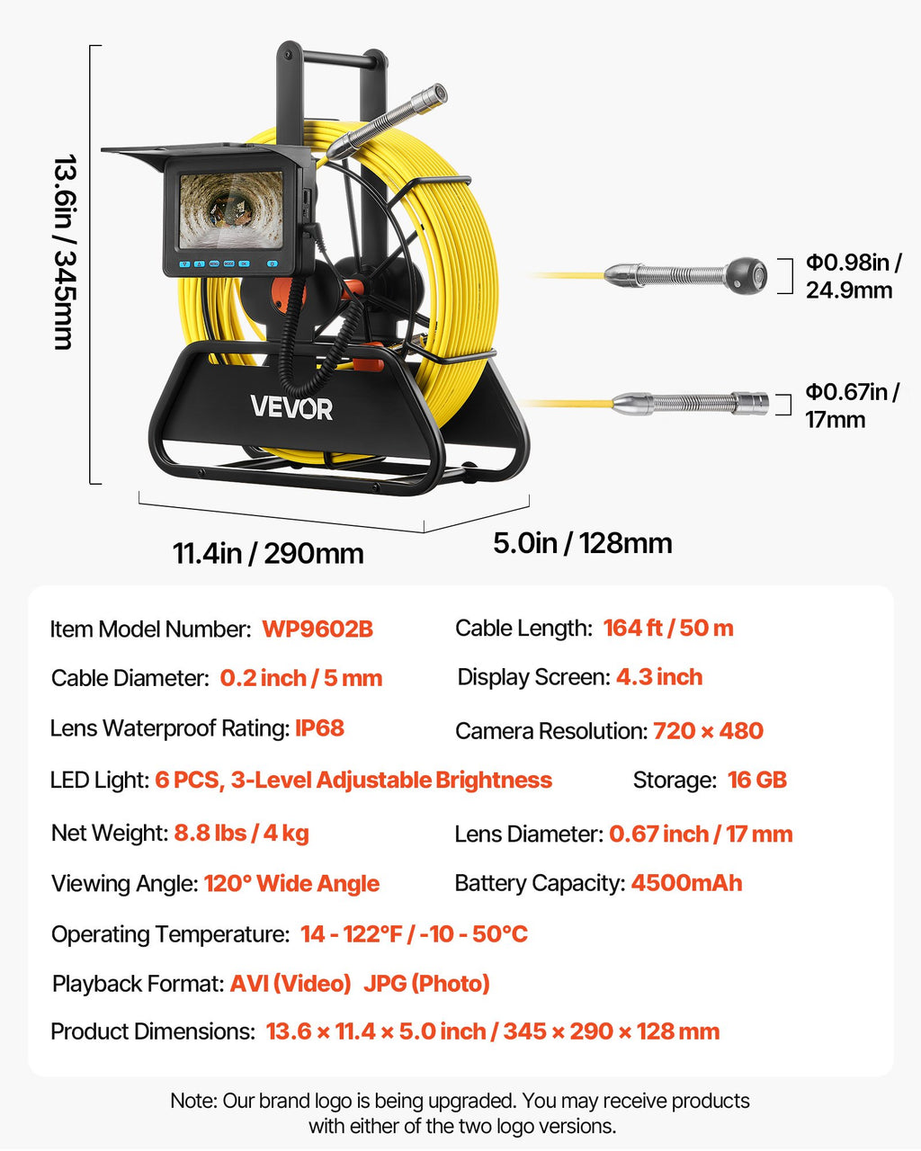 Vamzdynų patikros kamera VEVOR WP9602B, 50 m
