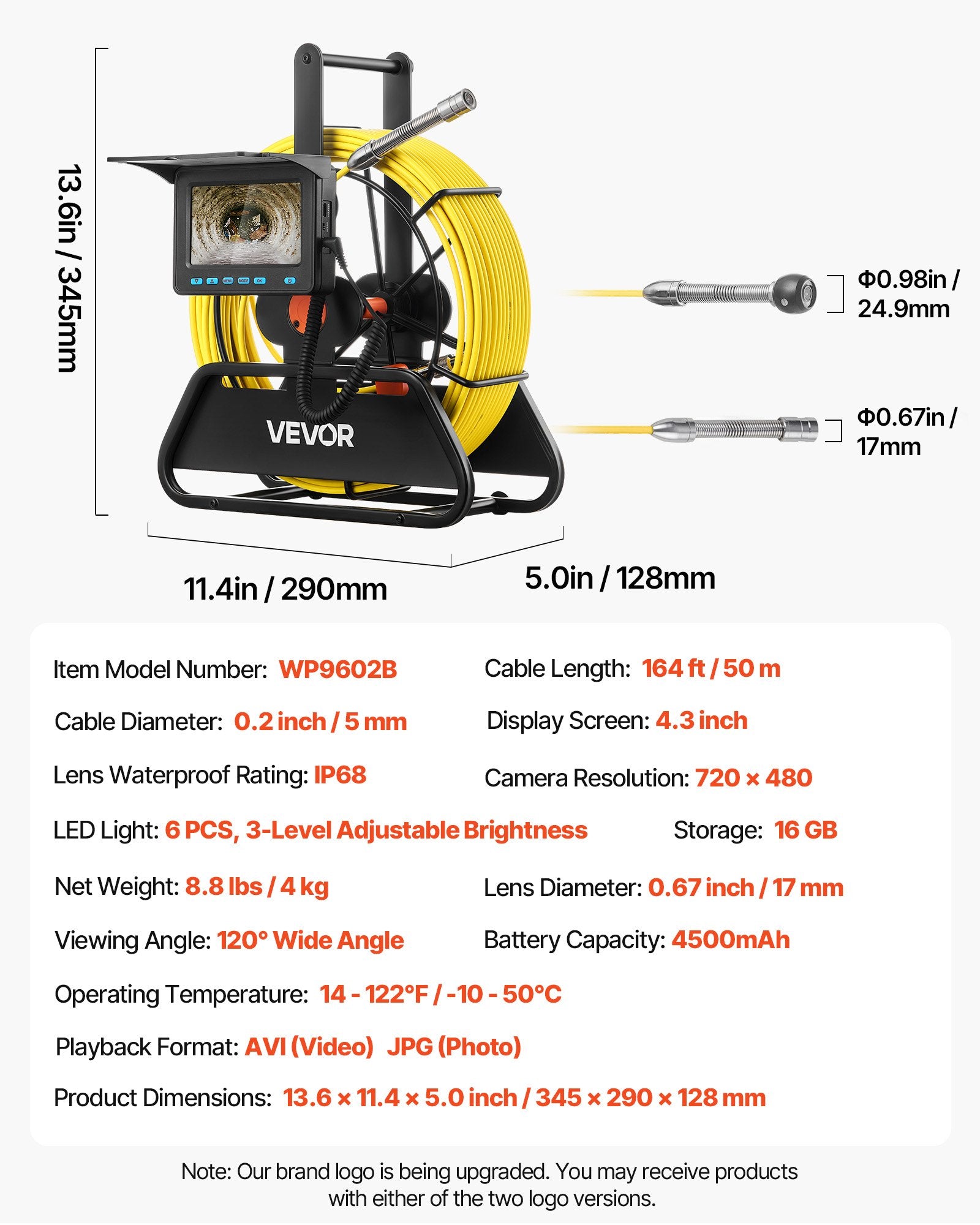 Vamzdynų patikros kamera VEVOR WP9602B, 50 m