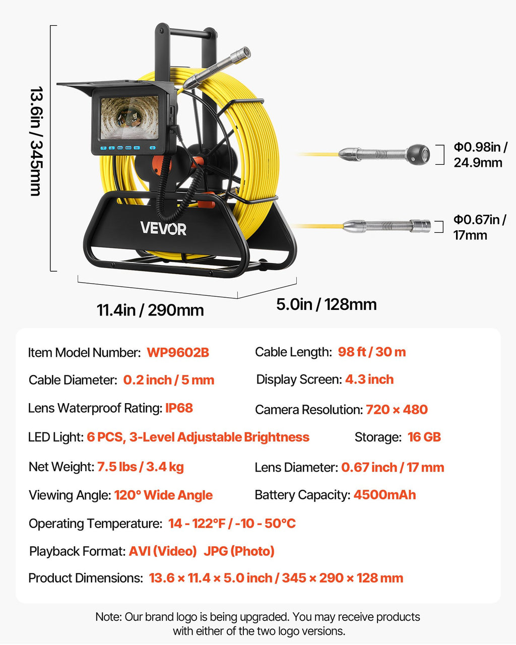 Vamzdynų patikros kamera VEVOR WP9602B, 30 m kabelis