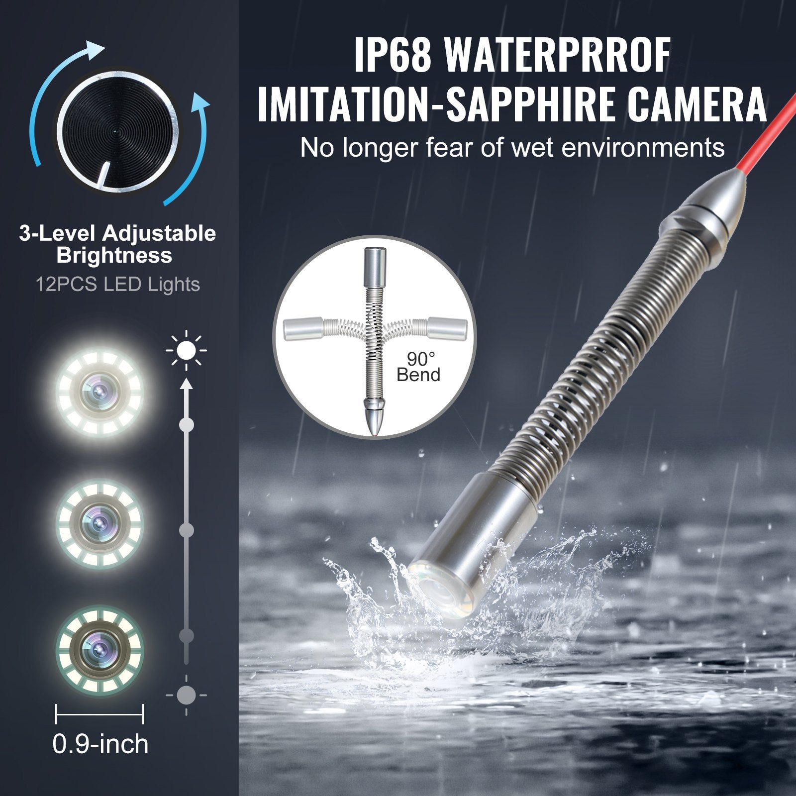 Kanalizacijos patikros kamera VEVOR WP9613FT, 100 m laidas