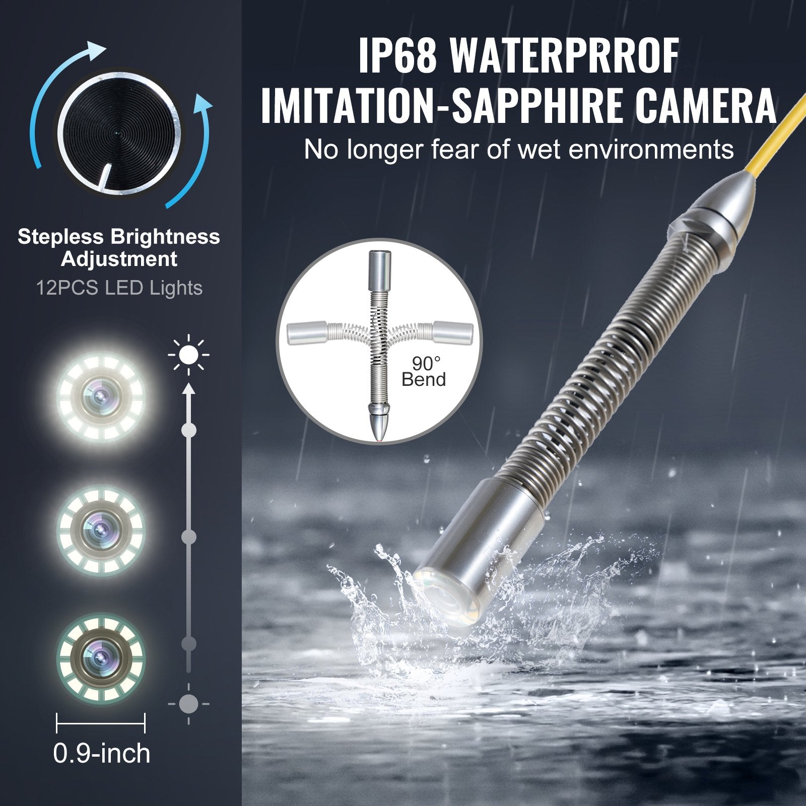 Kanalizacijos patikros kamera VEVOR WP9608F, 30 m kabelis