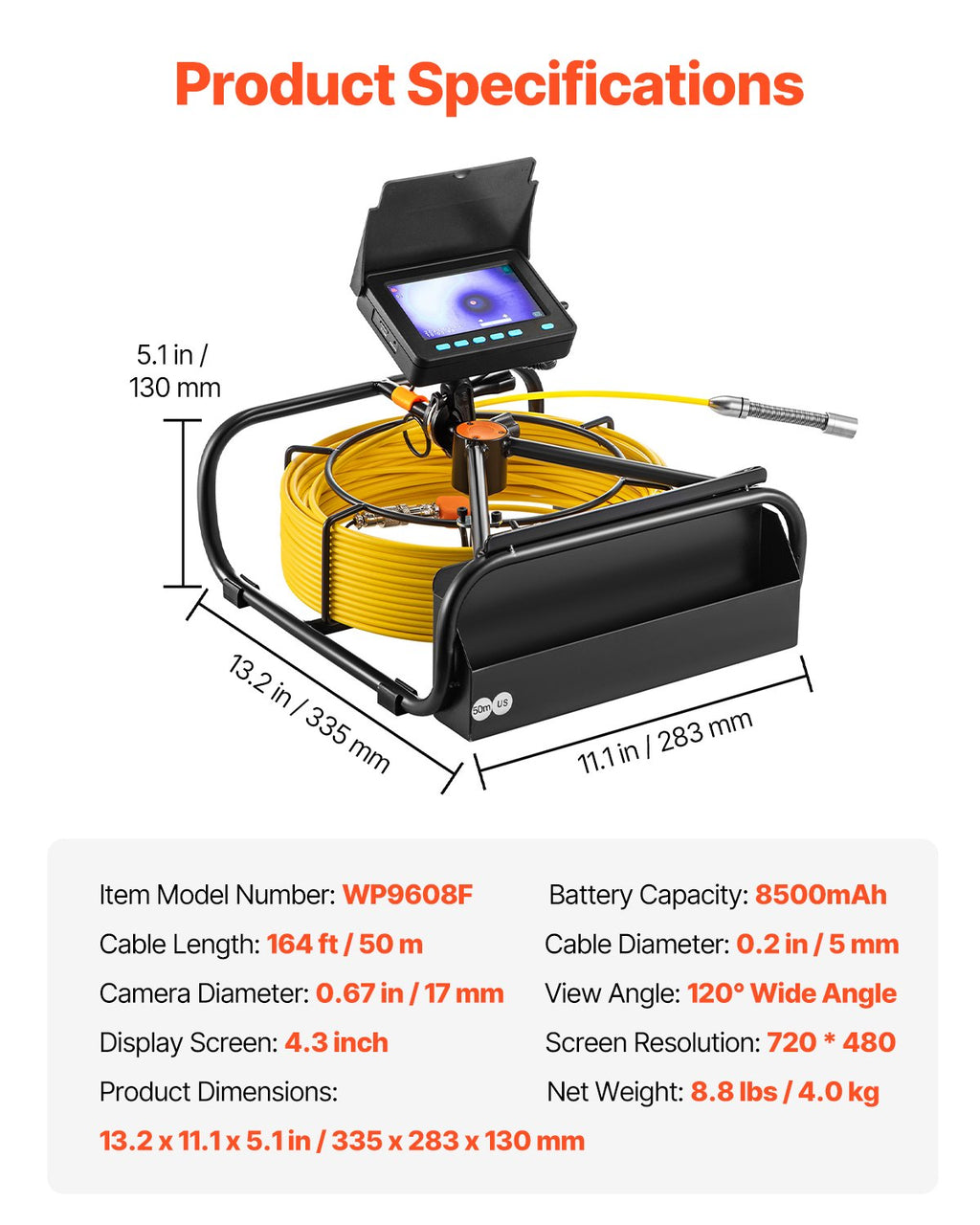 Vamzdynų patikros kamera VEVOR WP9608F, 50 m