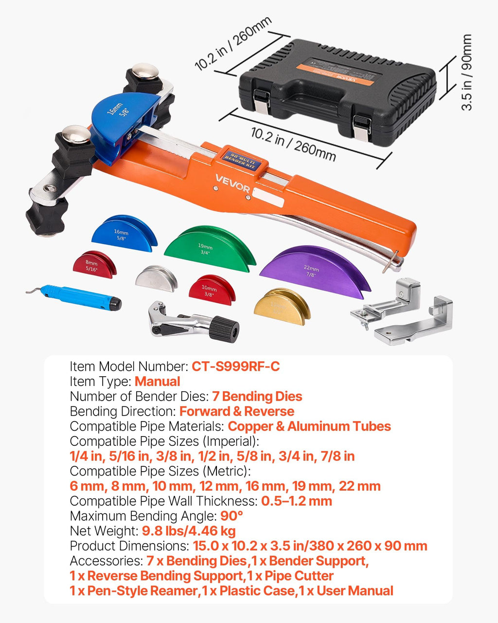Vamzdžių lenkimo įrankių rinkinys VEVOR CT-S999RF-C, 6–22 mm