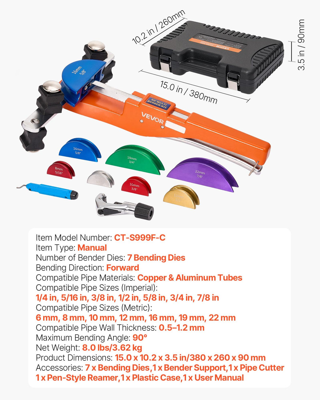 Vamzdžių lenkimo įrankių rinkinys VEVOR CT-S999F-C, 6–22 mm